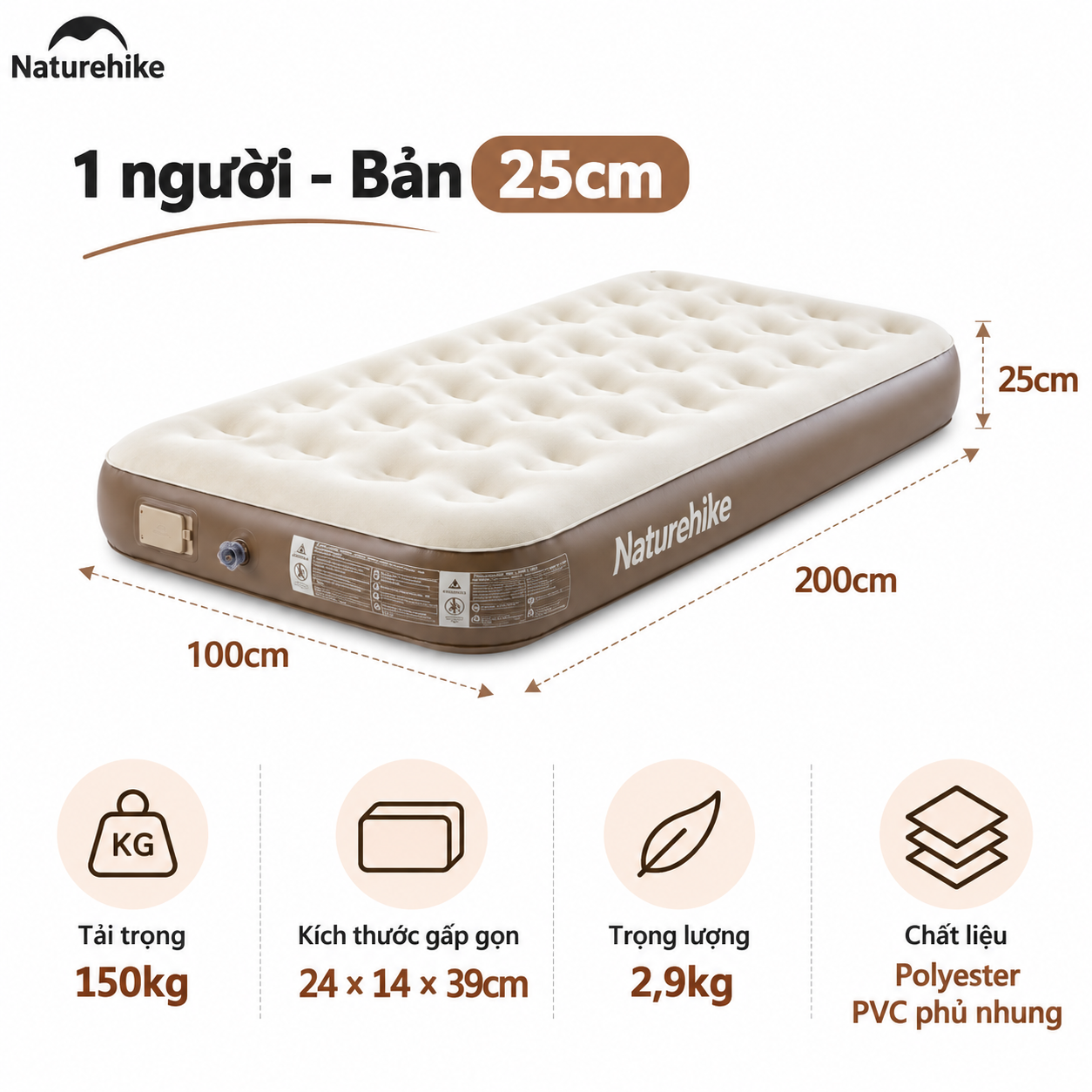 Đệm Hơi Naturehike Tích Hợp Bơm Điện – Nệm Hơi Camping, Giường Hơi Gấp Gọn CNK2550WS013