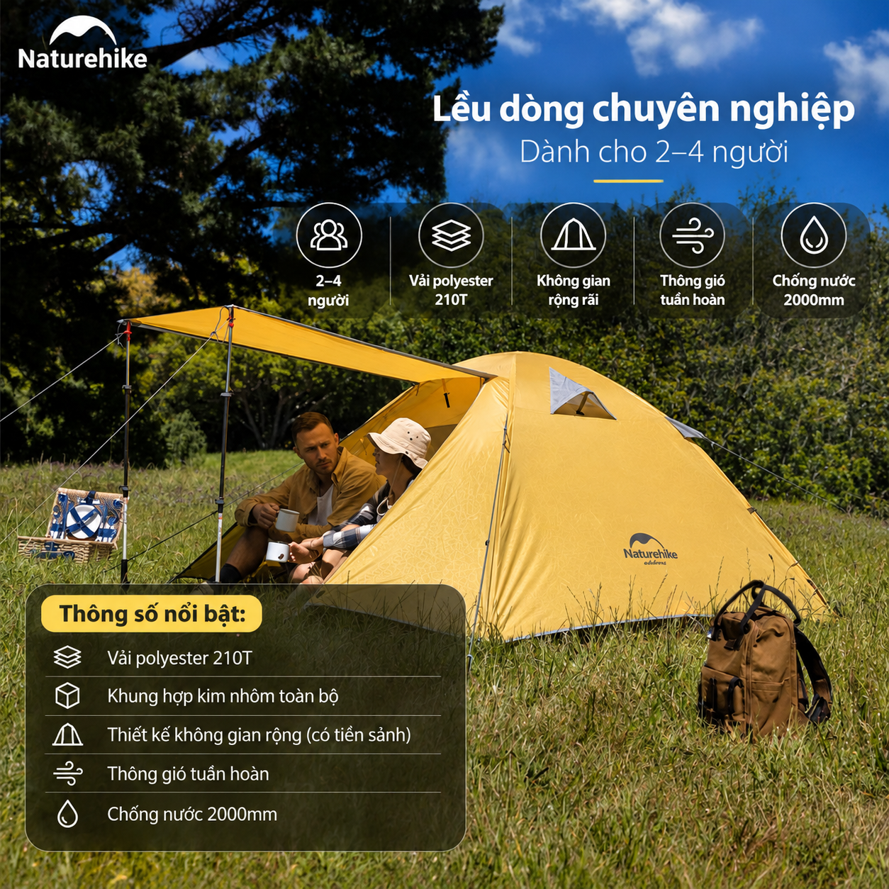 Lều Cắm Trại 2 -3 Người Naturehike NH18Z022-P – Lều 210T Chống Nước 3000mm, Siêu Nhẹ, Trekking/Camping