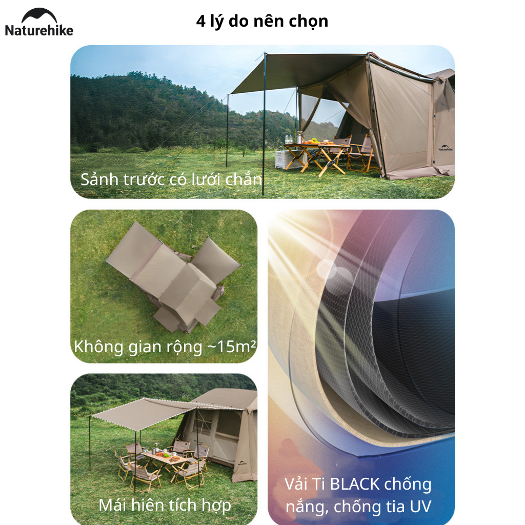 Lều Vila Naturehike (NEW 2026) CNK2300ZP021 4-6 Người – Lều Cabin Glamping Ti-Black Chống Nóng