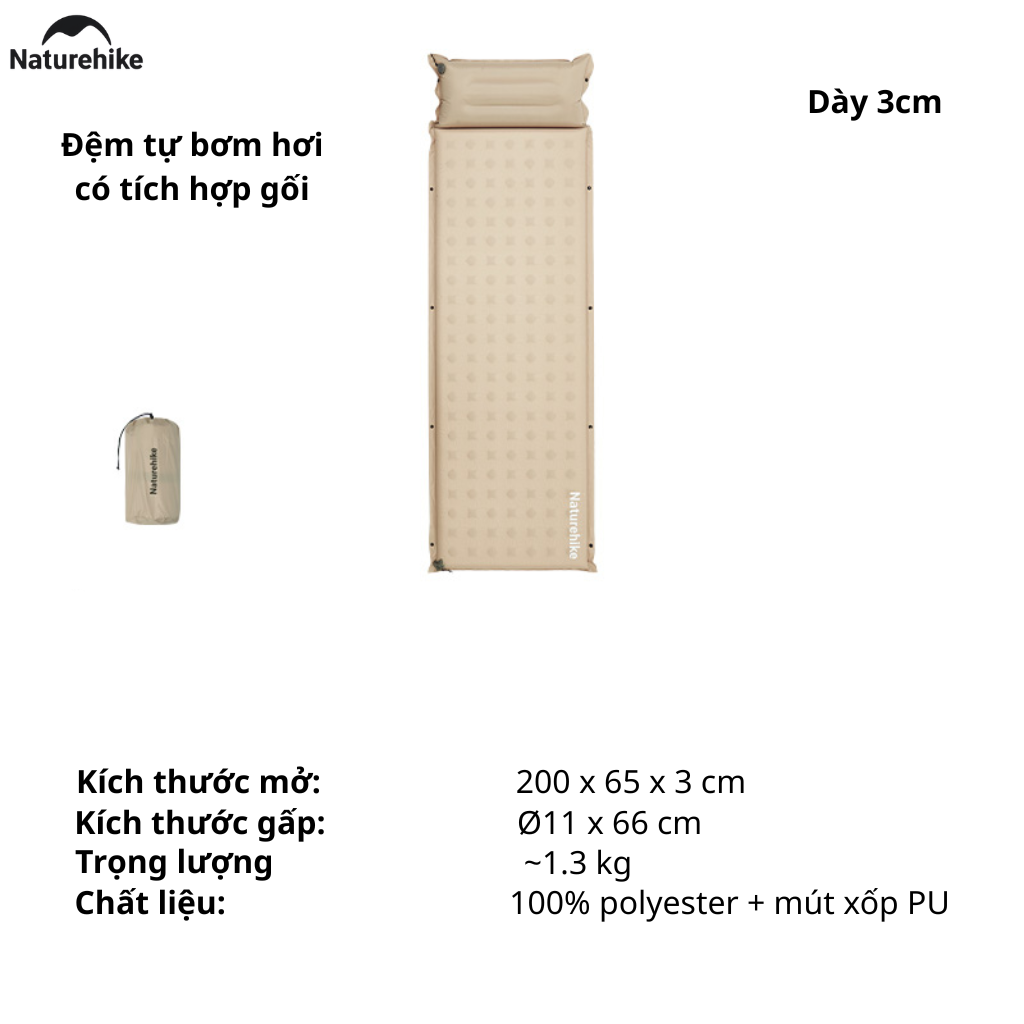 Đệm Hơi Tự Bơm Naturehike CNK2550WS025 Dày 3-6cm – Đệm Camping Gấp Gọn 1-2 Người, Nối Đệm, Van 2in1