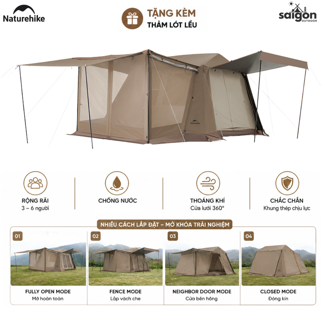 Lều Village 6.0 Naturehike (NEW 2026) CNK2300ZP021 4-6 Người – Lều Cabin Glamping Ti-Black Chống Nóng (TẶNG KÈM THẢM LÓT)