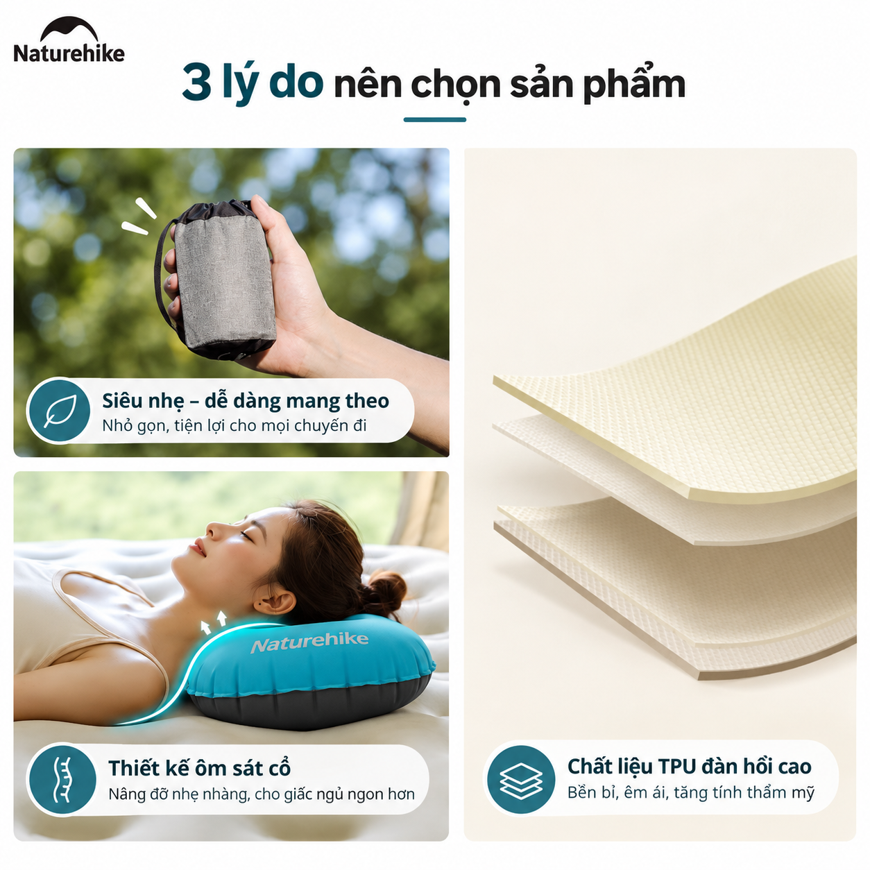 Gối Hơi Du Lịch Naturehike – Gối Thổi Hơi Siêu Nhẹ, Kê Cổ/Tựa Lưng, Gấp Gọn 85g NH17T013-Z