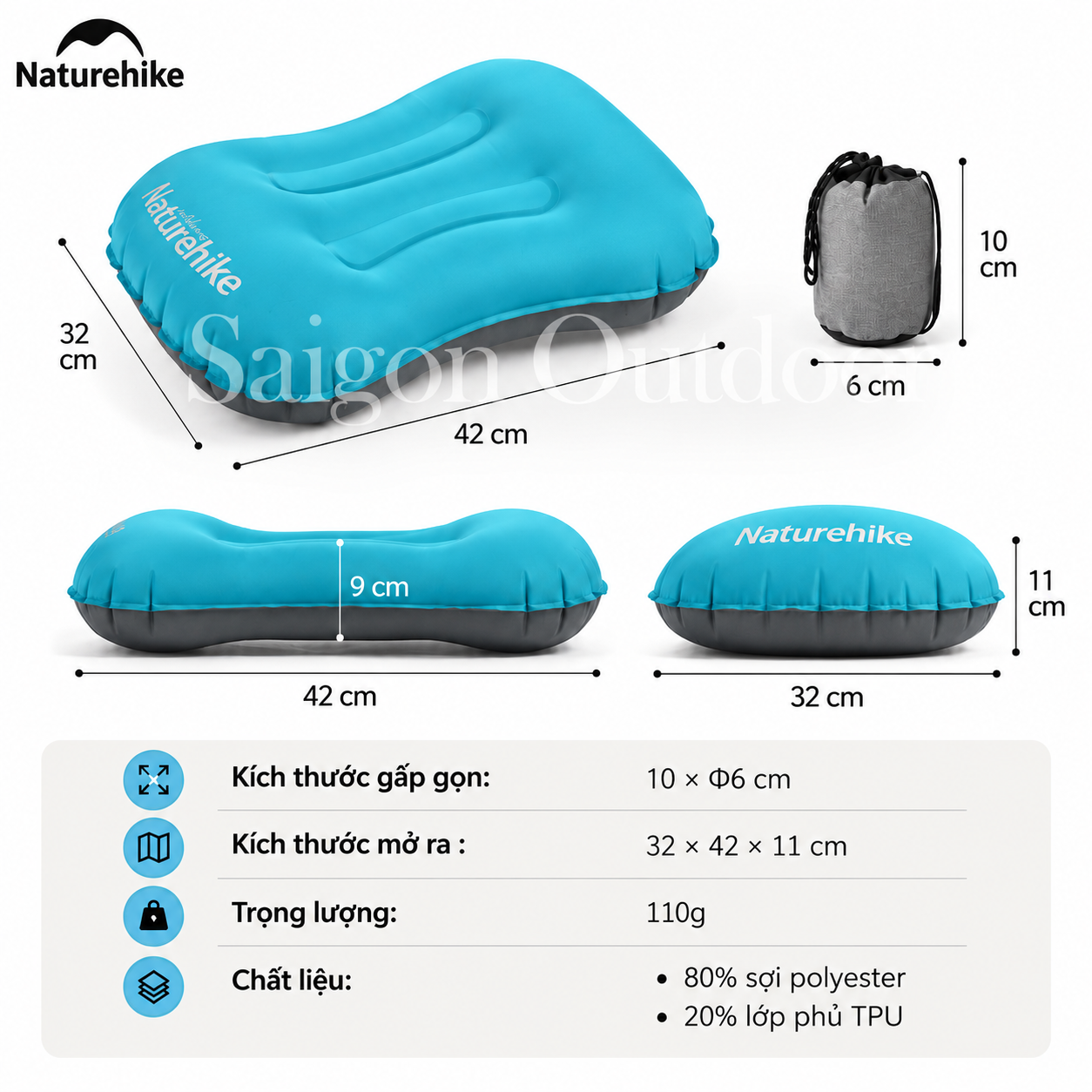 Gối Hơi Du Lịch Naturehike – Gối Thổi Hơi Siêu Nhẹ, Kê Cổ/Tựa Lưng, Gấp Gọn 85g NH17T013-Z