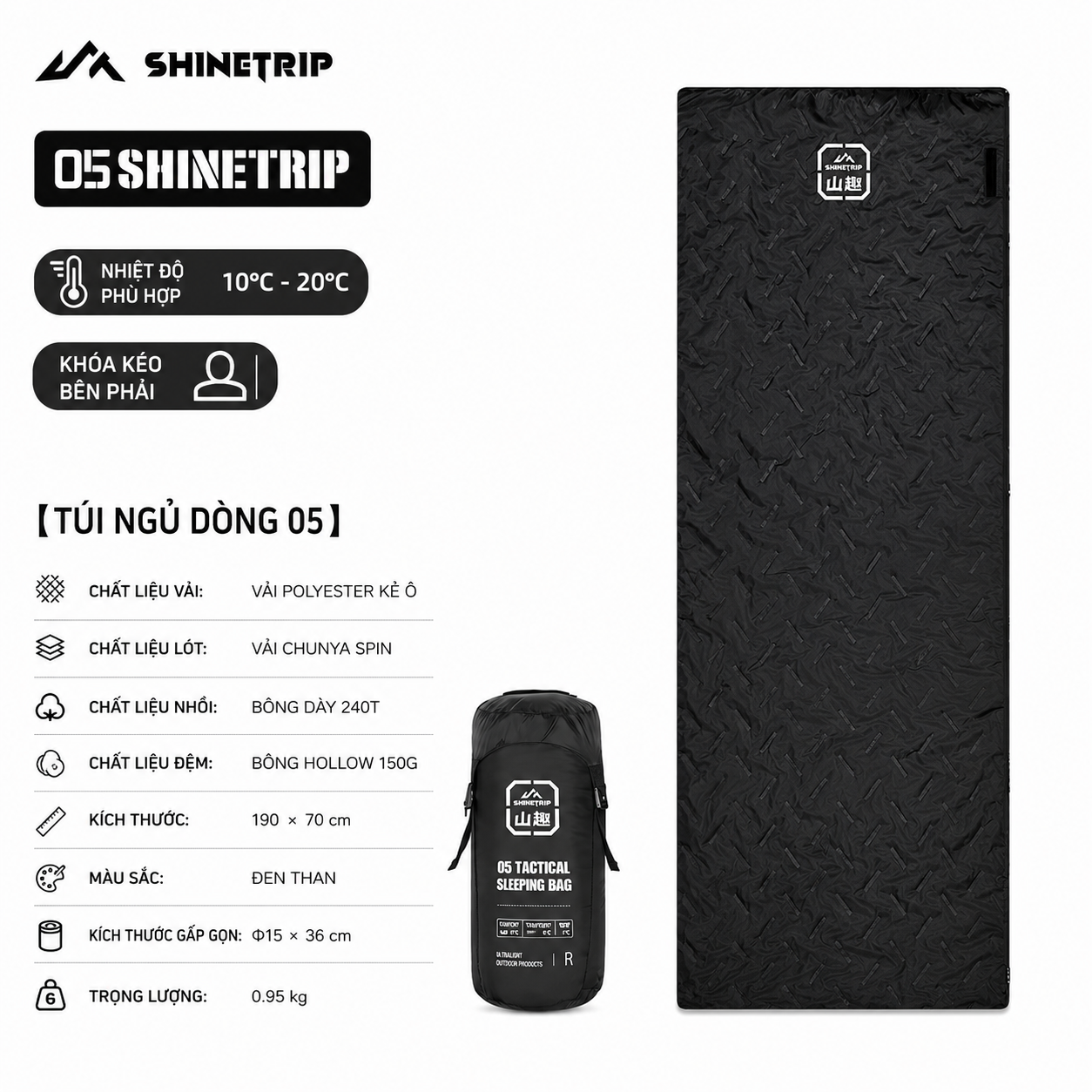 Túi Ngủ ShineTrip, thiết kế Rộng, Ấm Áp Dùng Cho Cắm Trại Ngoài Trời - Saigon Outdoor
