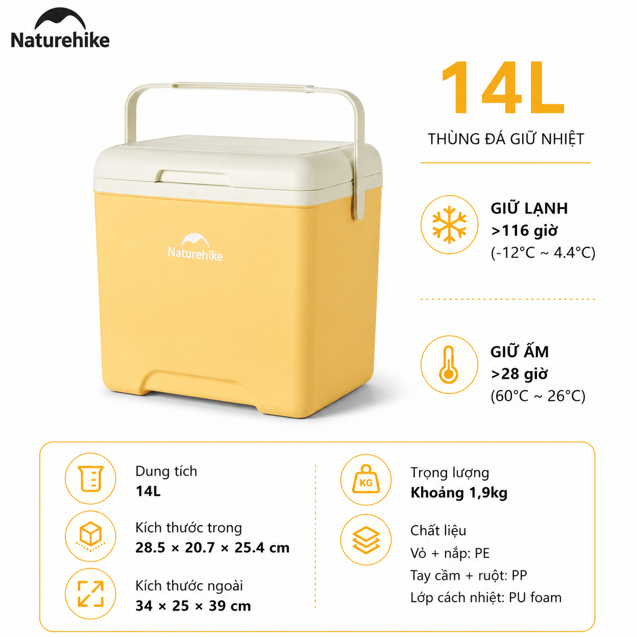 Thùng Đá Mini Naturehike Glamping Ice Cooler CNK2450CF012 18L – Giữ Lạnh 48H, Nhựa PP/PE Cao Cấp