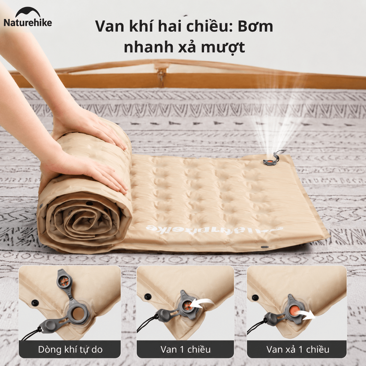 Đệm Hơi Tự Bơm Naturehike CNK2550WS025 Dày 3-6cm – Đệm Camping Gấp Gọn 1-2 Người, Nối Đệm, Van 2in1