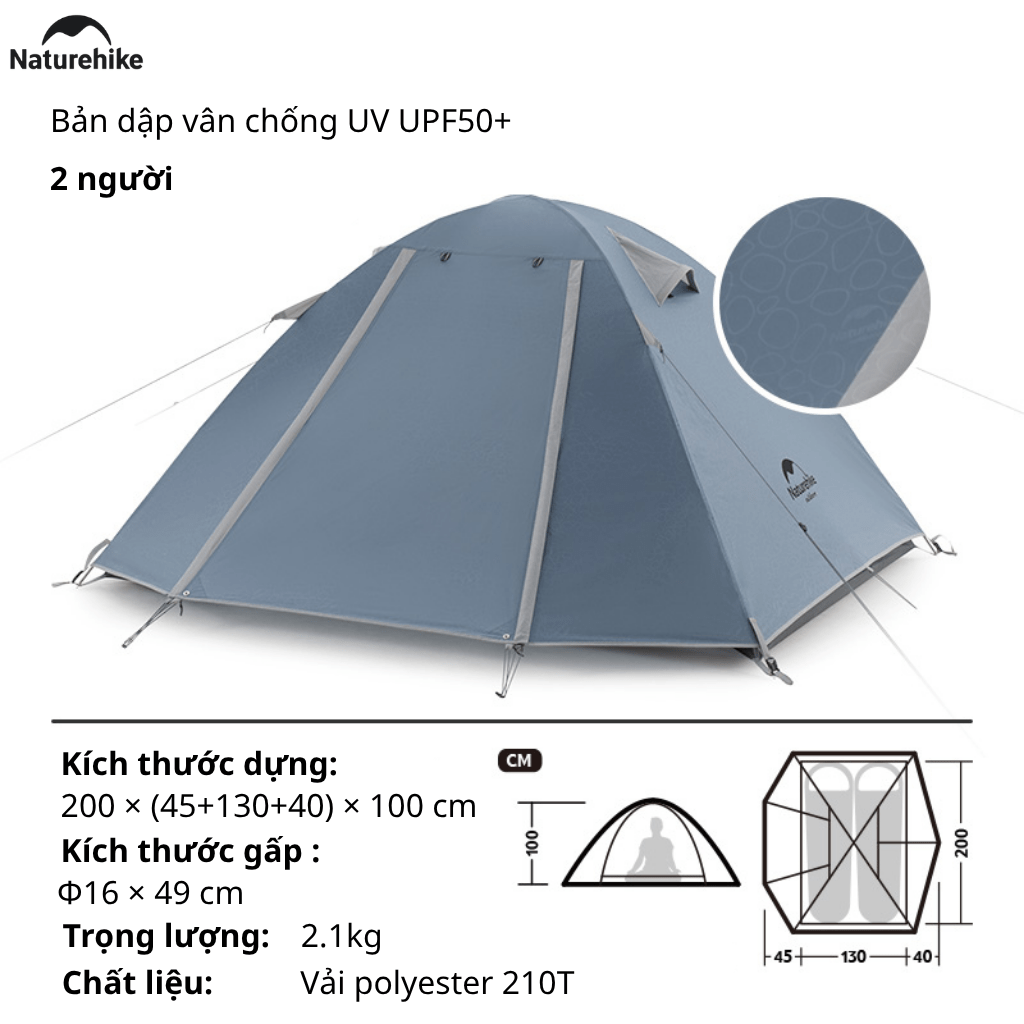 Lều Cắm Trại 2 Người Naturehike NH18Z022-P – Lều 210T Chống Nước 3000mm, Siêu Nhẹ, Trekking/Camping