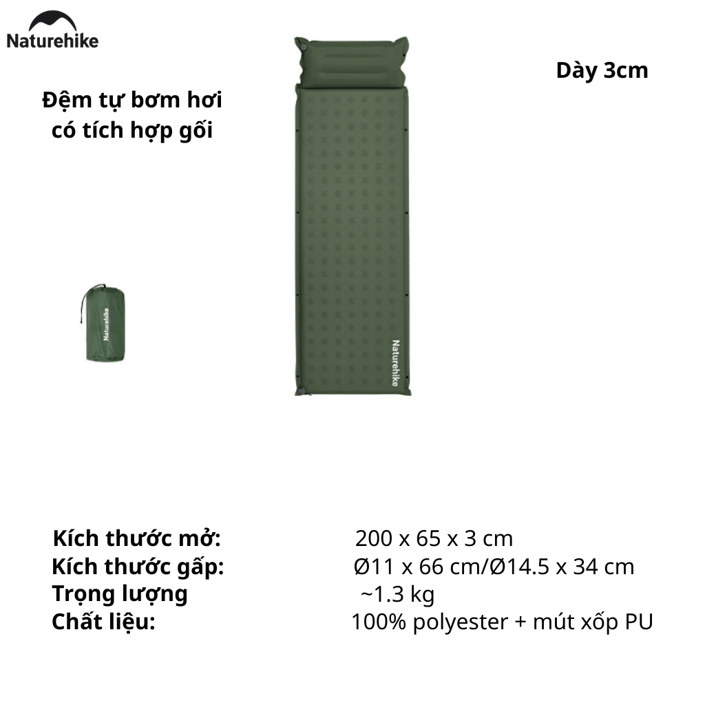 Đệm Hơi Tự Bơm Naturehike CNK2550WS025 Dày 3-6cm – Đệm Camping Gấp Gọn 1-2 Người, Nối Đệm, Van 2in1 - Có gối - Đơn 3CM - Xanh