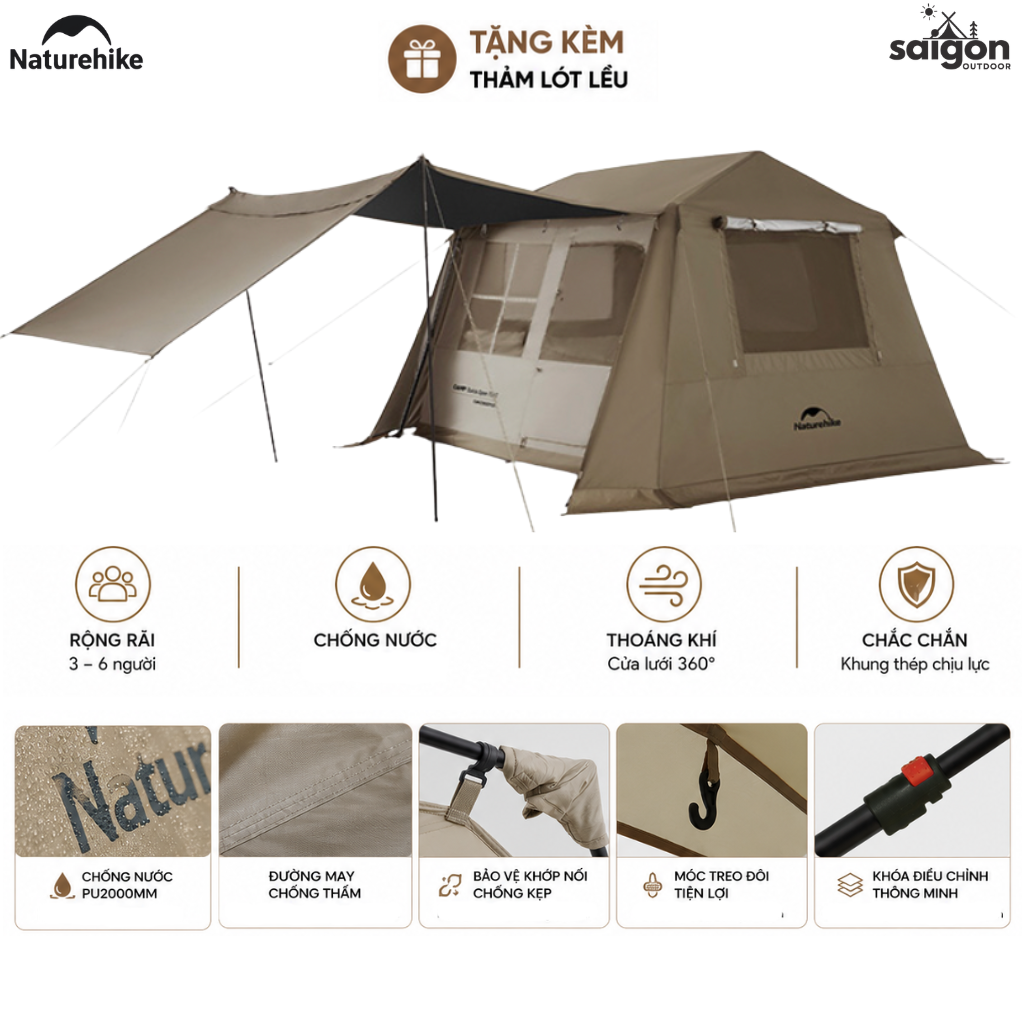 Lều Village 6.0 tự bung cao cấp Naturehike CNK2300ZP021, thiết kế 2 lớp phủ titanium chống nắng tốt (TẶNG KÈM THẢM LÓT)