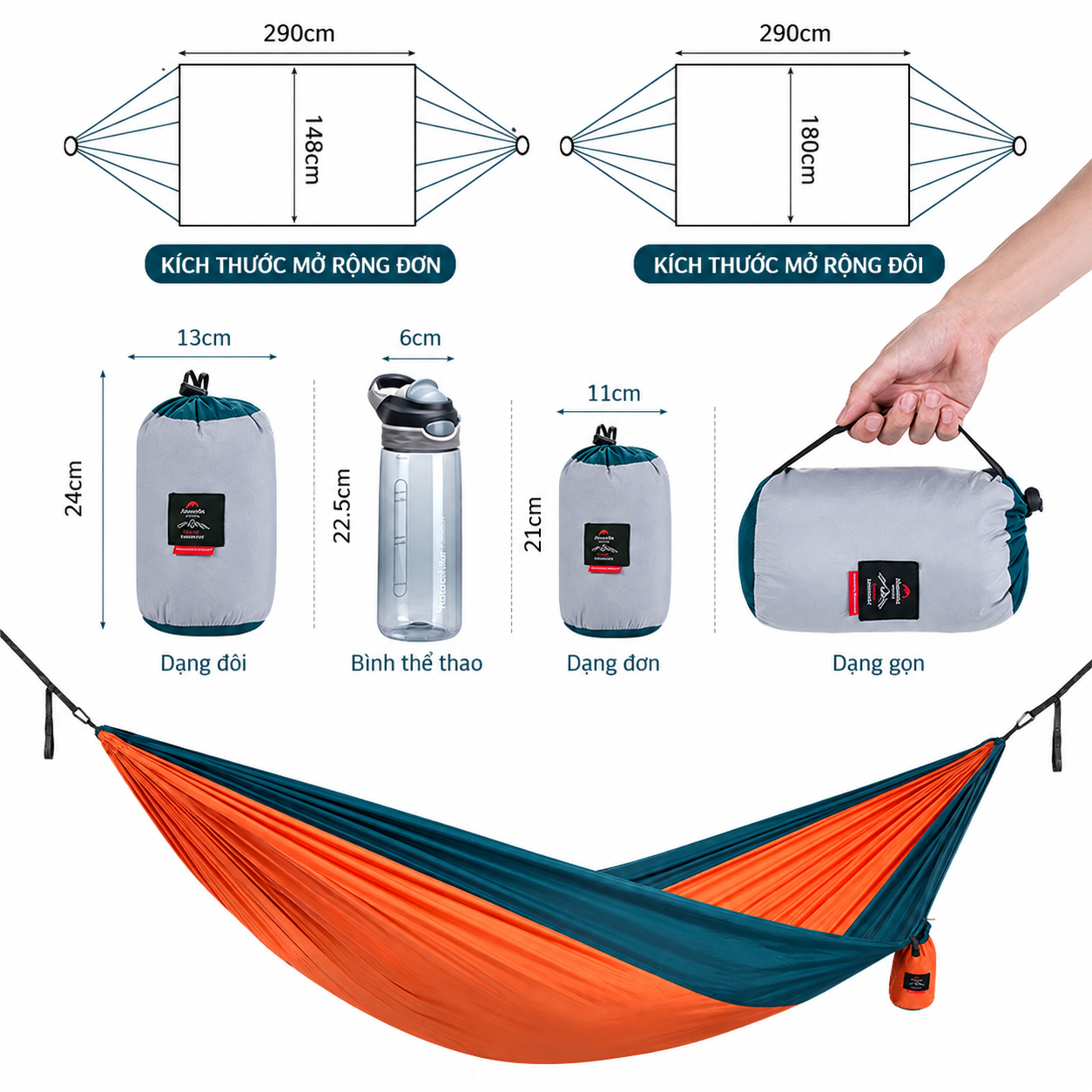 Võng Dã Ngoại Naturehike NH21DC011 Siêu Nhẹ Võng Camping Gấp Gọn, Chịu Tải 200kg, Đi Phượt/Trekking