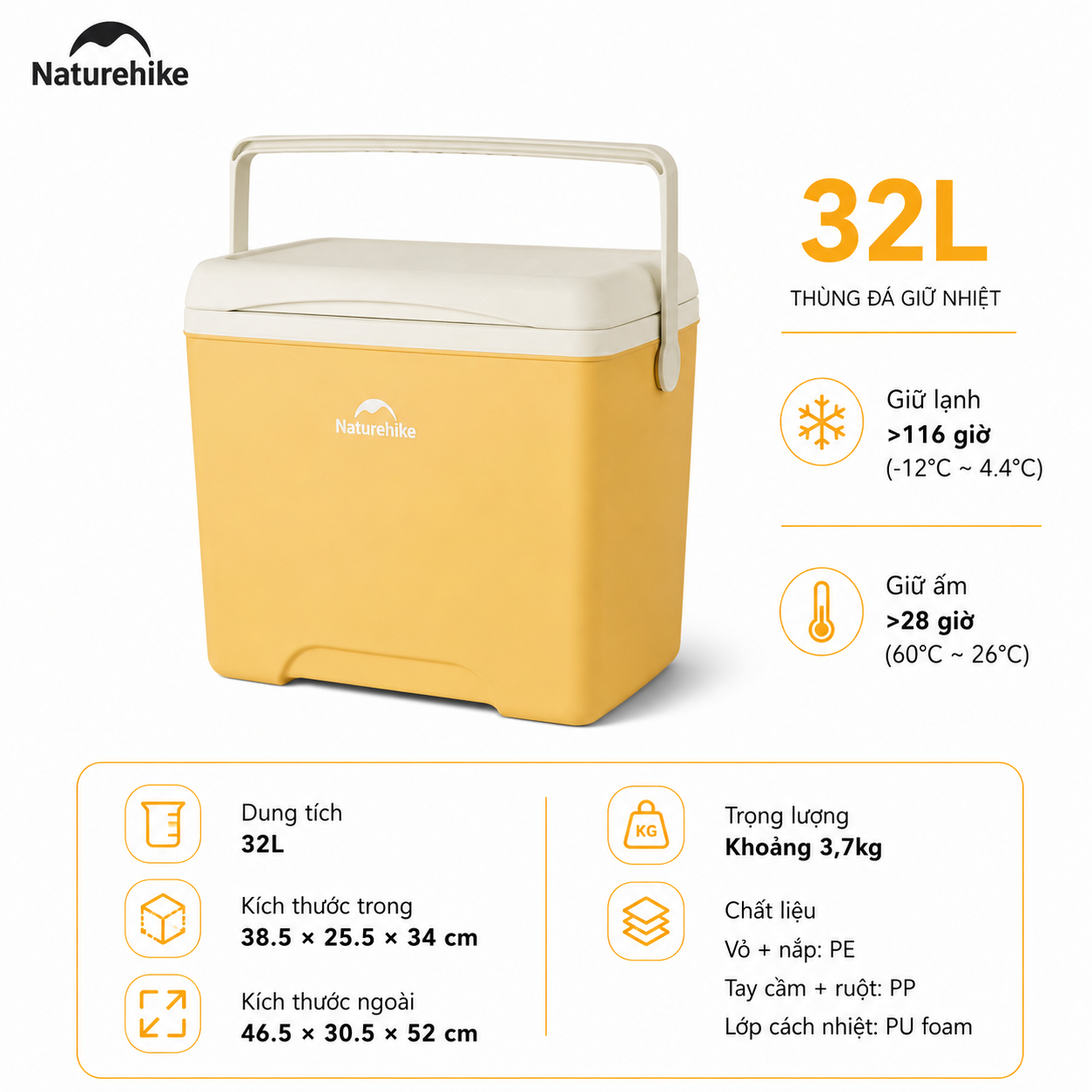 Thùng Đá Mini Naturehike Glamping Ice Cooler CNK2450CF012 18L – Giữ Lạnh 48H, Nhựa PP/PE Cao Cấp