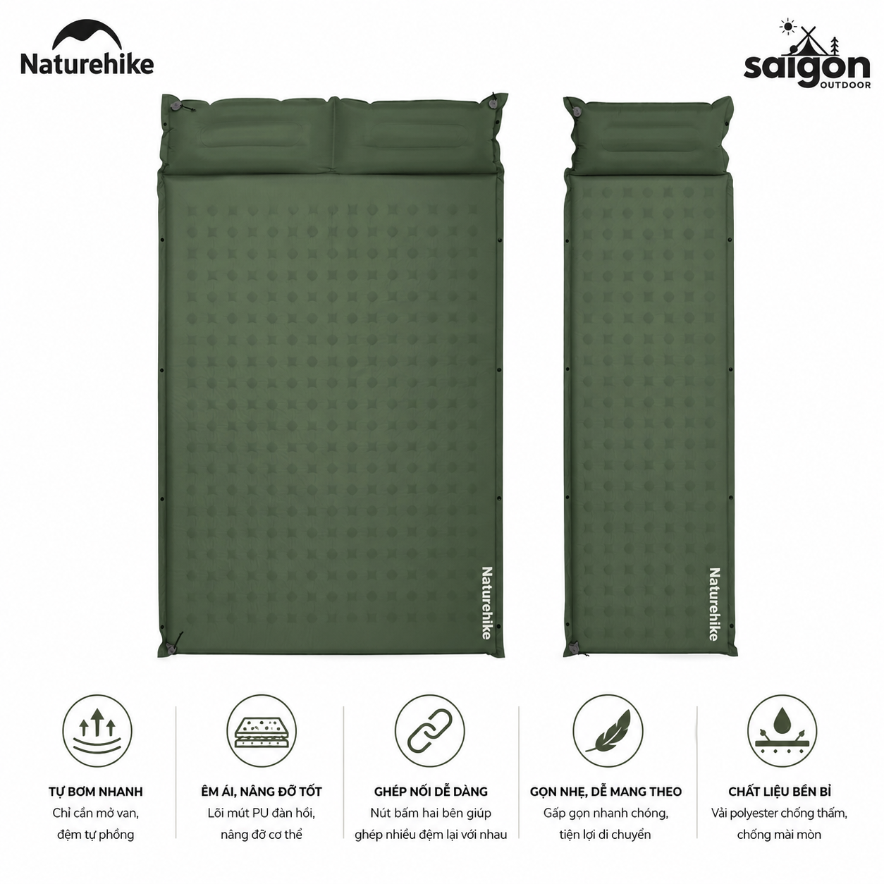 Đệm Hơi Tự Bơm Naturehike CNK2550WS025 Dày 3-6cm – Đệm Camping Gấp Gọn 1-2 Người, Nối Đệm, Van 2in1