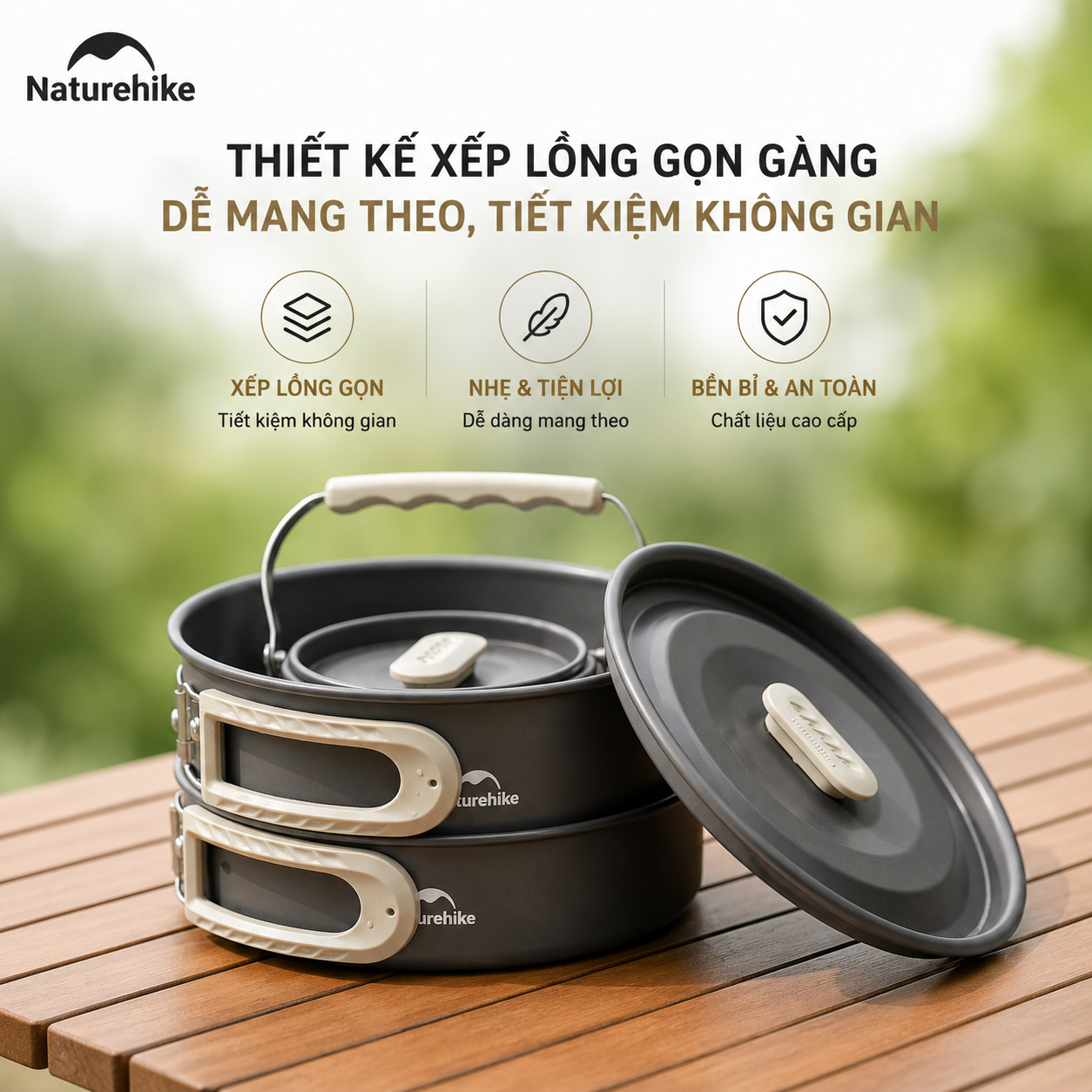 Bộ Nồi Dã Ngoại Naturehike CNK2450CF010 Nhôm 3 Lớp – Bộ Nấu Ăn Camping Gọn Nhẹ, Leo Núi, Cắm Trại
