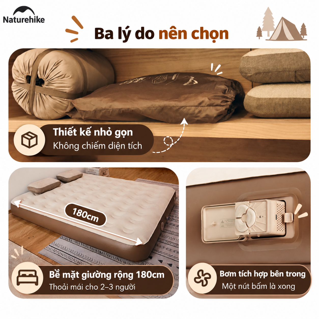 Đệm Hơi Naturehike Tích Hợp Bơm Điện – Nệm Hơi Camping, Giường Hơi Gấp Gọn CNK2550WS013