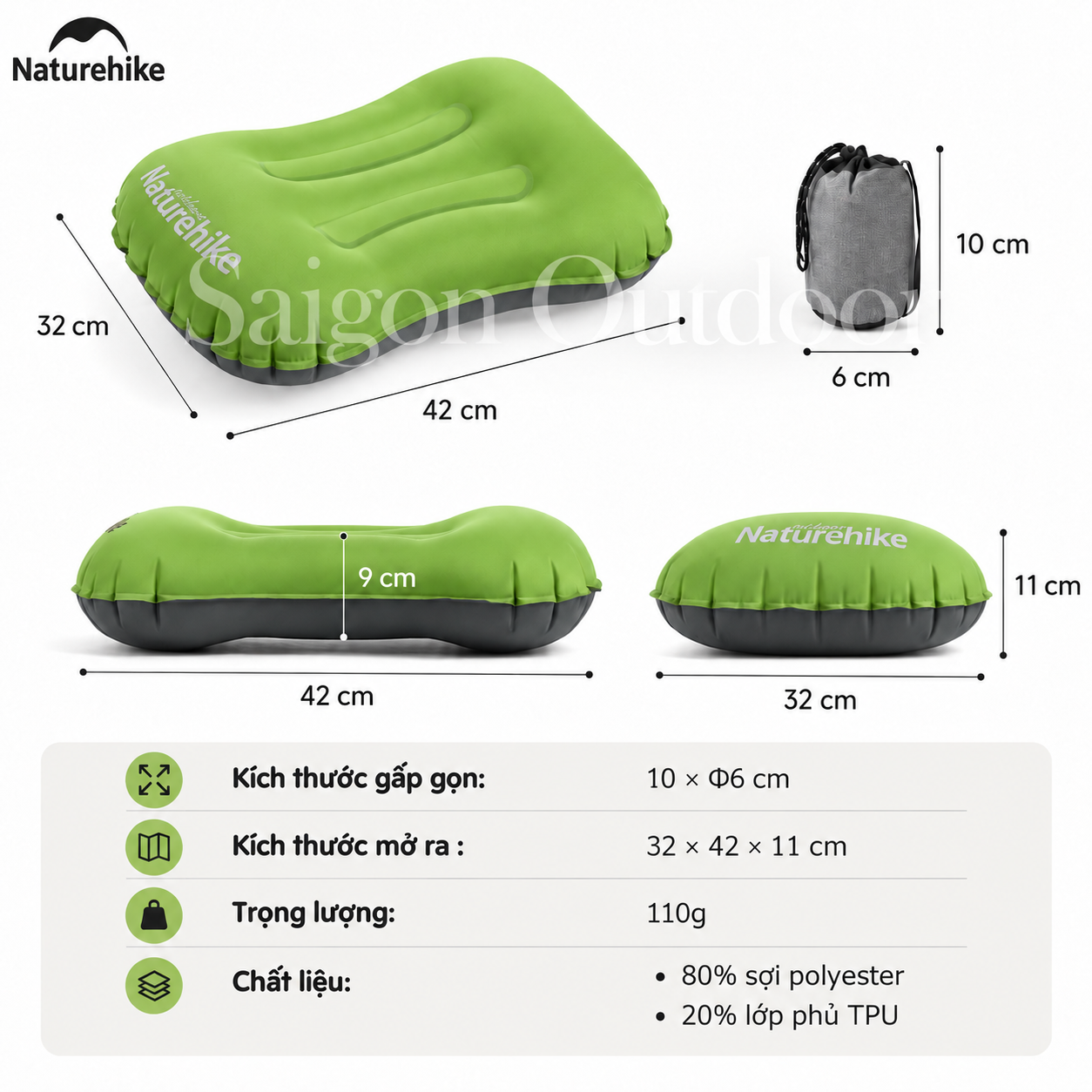 Gối Hơi Du Lịch Naturehike – Gối Thổi Hơi Siêu Nhẹ, Kê Cổ/Tựa Lưng, Gấp Gọn 85g NH17T013-Z