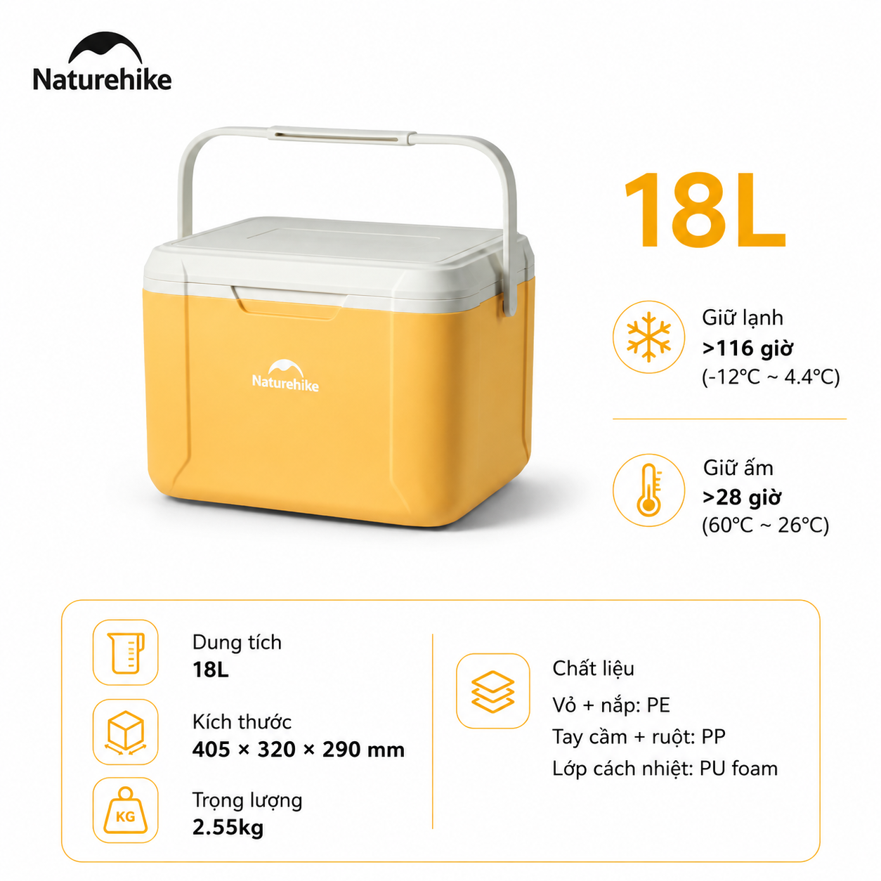 Thùng Đá Mini Naturehike Glamping Ice Cooler CNK2450CF012 18L – Giữ Lạnh 48H, Nhựa PP/PE Cao Cấp