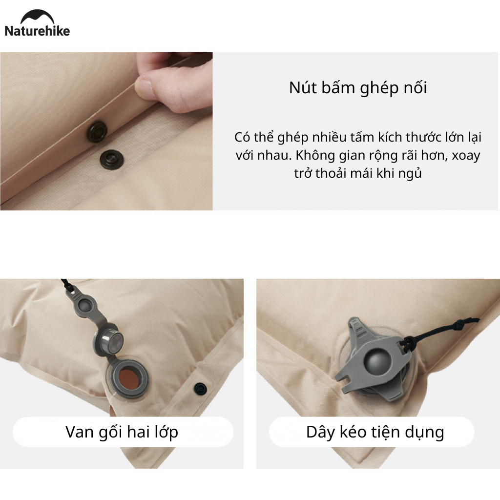 Đệm Hơi Tự Bơm Naturehike CNK2550WS025 Dày 3-6cm – Đệm Camping Gấp Gọn 1-2 Người, Nối Đệm, Van 2in1