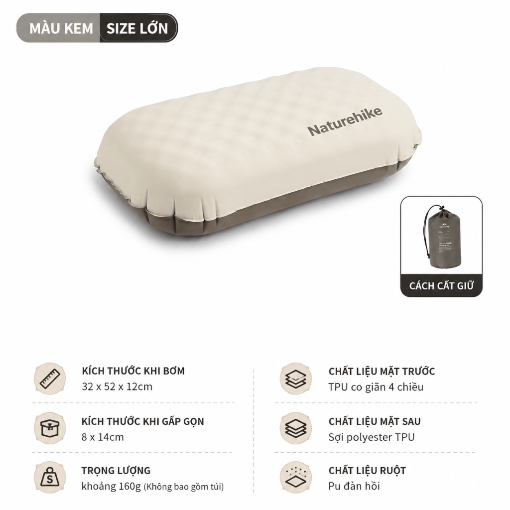 Gối Du Lịch Tự Bơm Hơi Naturehike CNK2300DZ024 – Gối Hơi 2in1 Siêu Nhẹ, Gấp Gọn Camping/Trekking