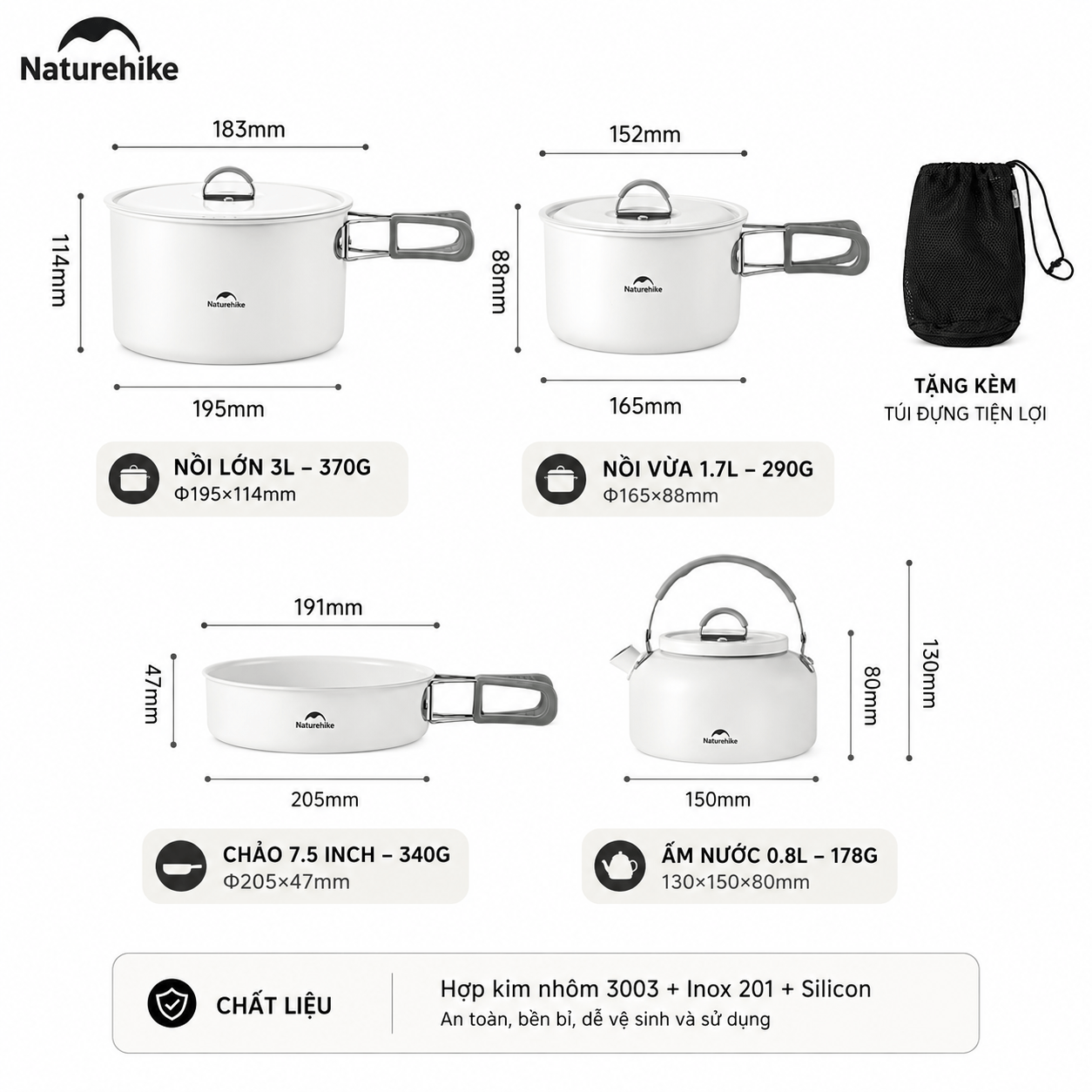 Bộ Nồi Dã Ngoại Naturehike CNK2450CF013 – Nồi Camping Tráng Men 5 Lớp, Chống Dính