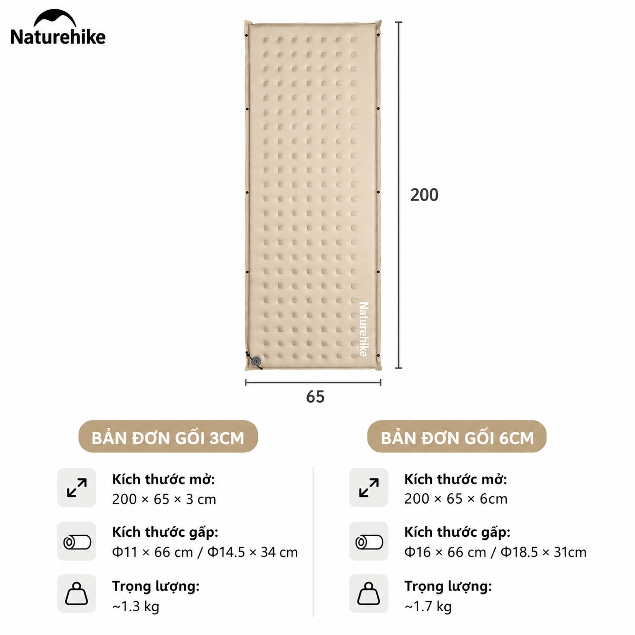 Đệm Hơi Tự Bơm Naturehike CNK2550WS025 Dày 3-6cm – Đệm Camping Gấp Gọn 1-2 Người, Nối Đệm, Van 2in1