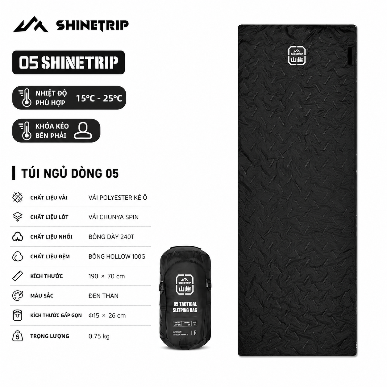 Túi Ngủ ShineTrip, thiết kế Rộng, Ấm Áp Dùng Cho Cắm Trại Ngoài Trời - Saigon Outdoor