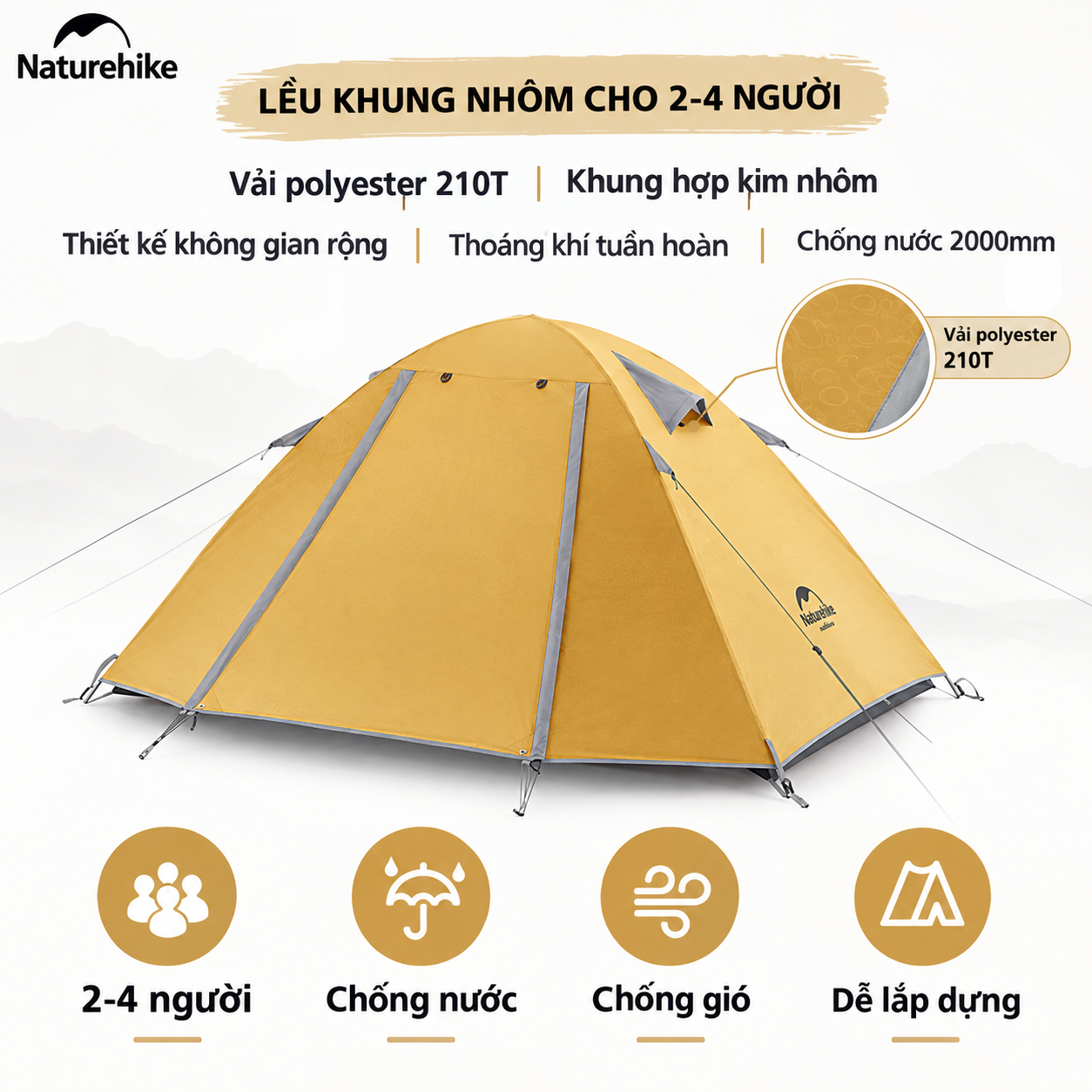 Lều Cắm Trại 2 -3 Người Naturehike NH18Z022-P – Lều 210T Chống Nước 3000mm, Siêu Nhẹ, Trekking/Camping