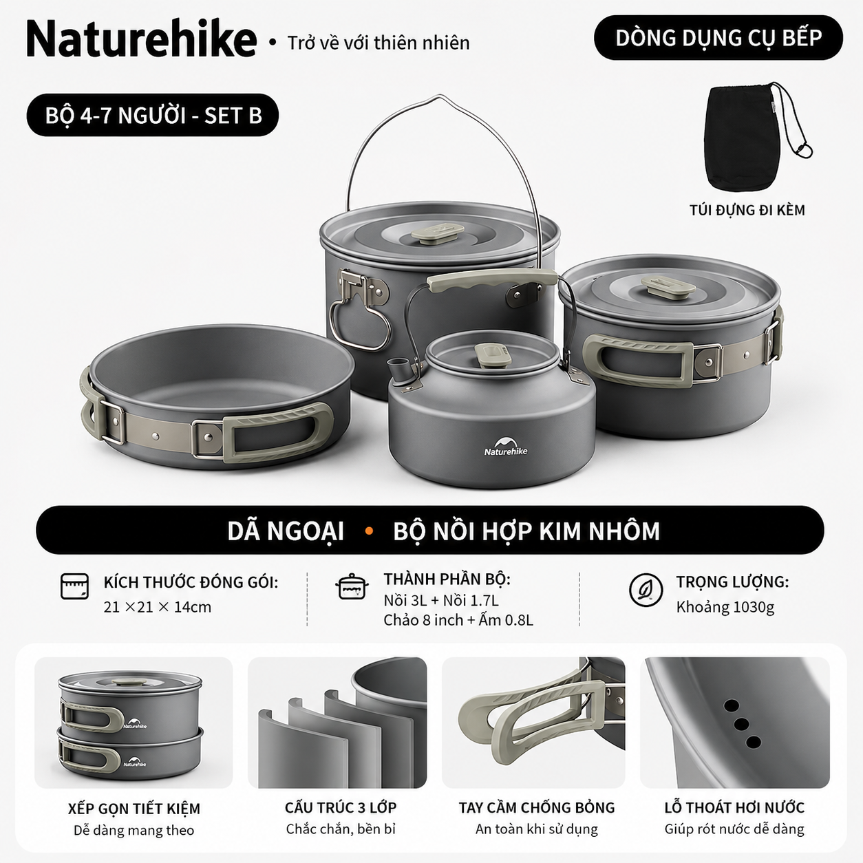 Bộ Nồi Dã Ngoại Naturehike CNK2450CF010 Nhôm 3 Lớp – Bộ Nấu Ăn Camping Gọn Nhẹ, Leo Núi, Cắm Trại