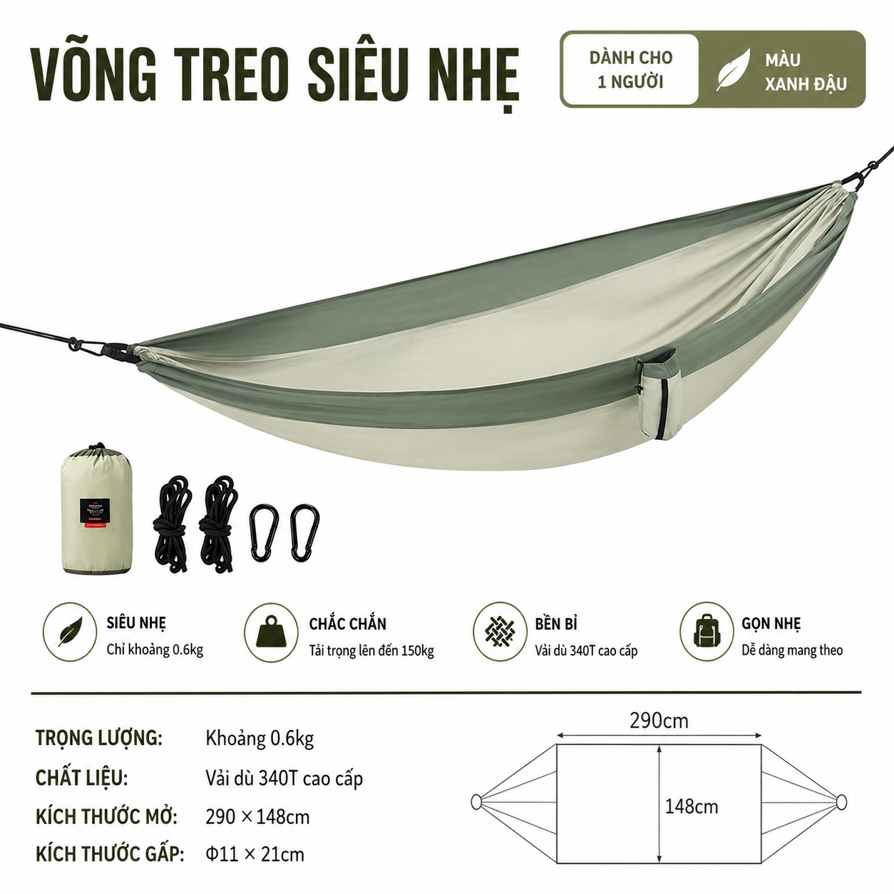 Võng Dã Ngoại Naturehike NH21DC011 Siêu Nhẹ Võng Camping Gấp Gọn, Chịu Tải 200kg, Đi Phượt/Trekking