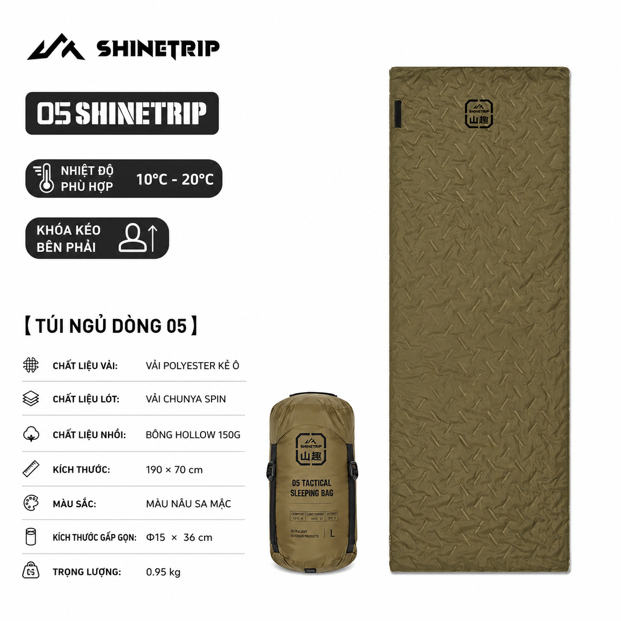 Túi Ngủ ShineTrip, thiết kế Rộng, Ấm Áp Dùng Cho Cắm Trại Ngoài Trời - Saigon Outdoor