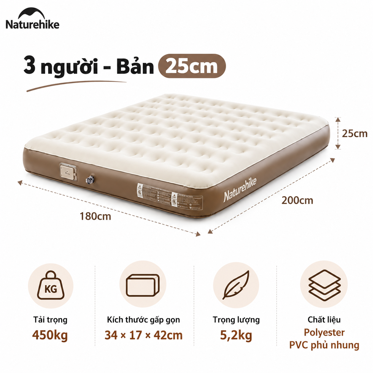 Đệm Hơi Naturehike Tích Hợp Bơm Điện – Nệm Hơi Camping, Giường Hơi Gấp Gọn CNK2550WS013