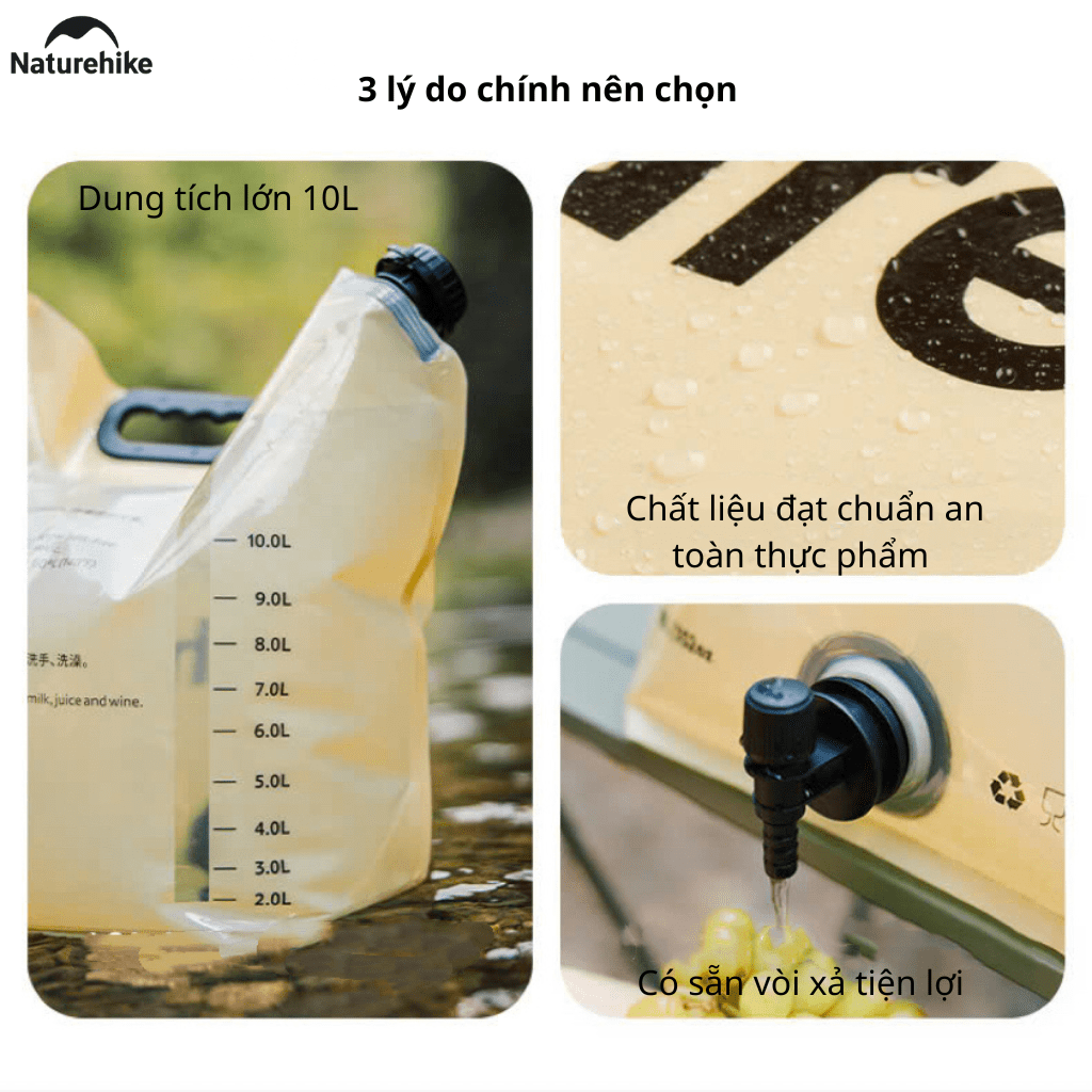 Túi Đựng Nước Gấp Gọn Naturehike 10L Có Vòi Siêu Nhẹ, Chống Rò Rỉ, Dùng Cắm Trại/Trekking
