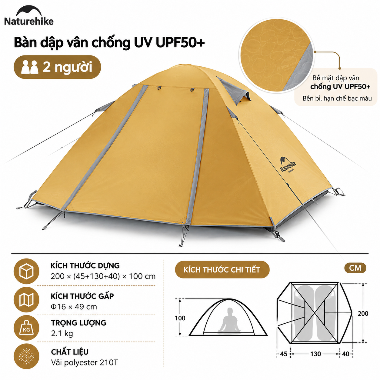 Lều Cắm Trại 2 -3 Người Naturehike NH18Z022-P – Lều 210T Chống Nước 3000mm, Siêu Nhẹ, Trekking/Camping