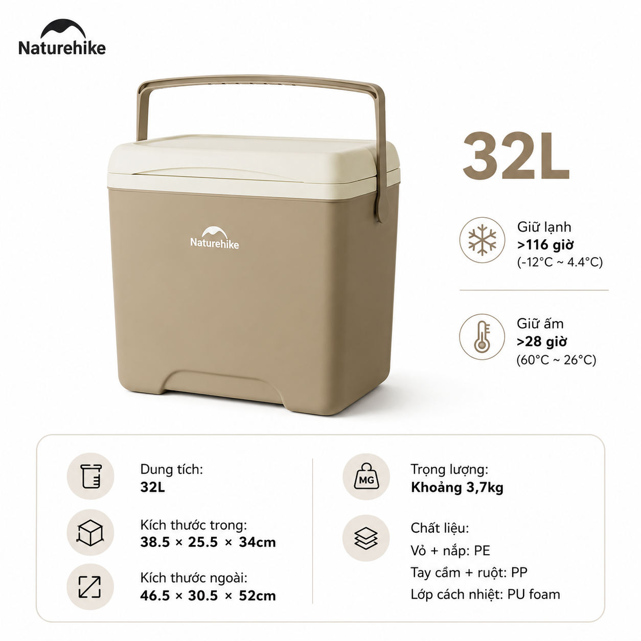 Thùng Đá Mini Naturehike Glamping Ice Cooler CNK2450CF012 18L – Giữ Lạnh 48H, Nhựa PP/PE Cao Cấp