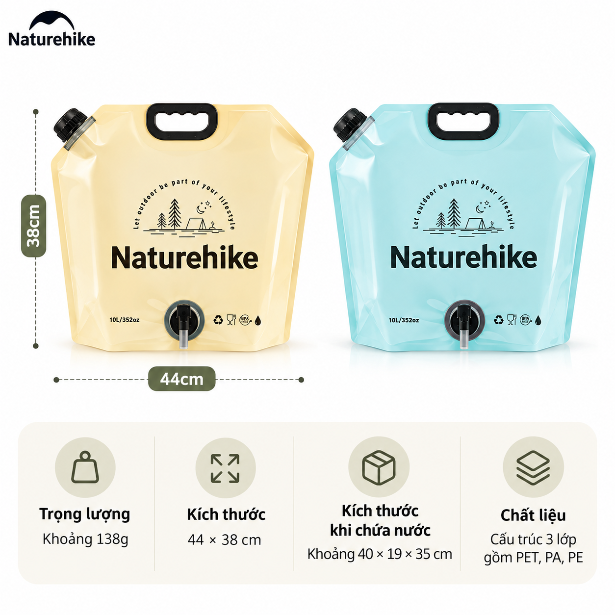 Túi Đựng Nước Gấp Gọn Naturehike 10L Có Vòi Siêu Nhẹ, Chống Rò Rỉ, Dùng Cắm Trại/Trekking