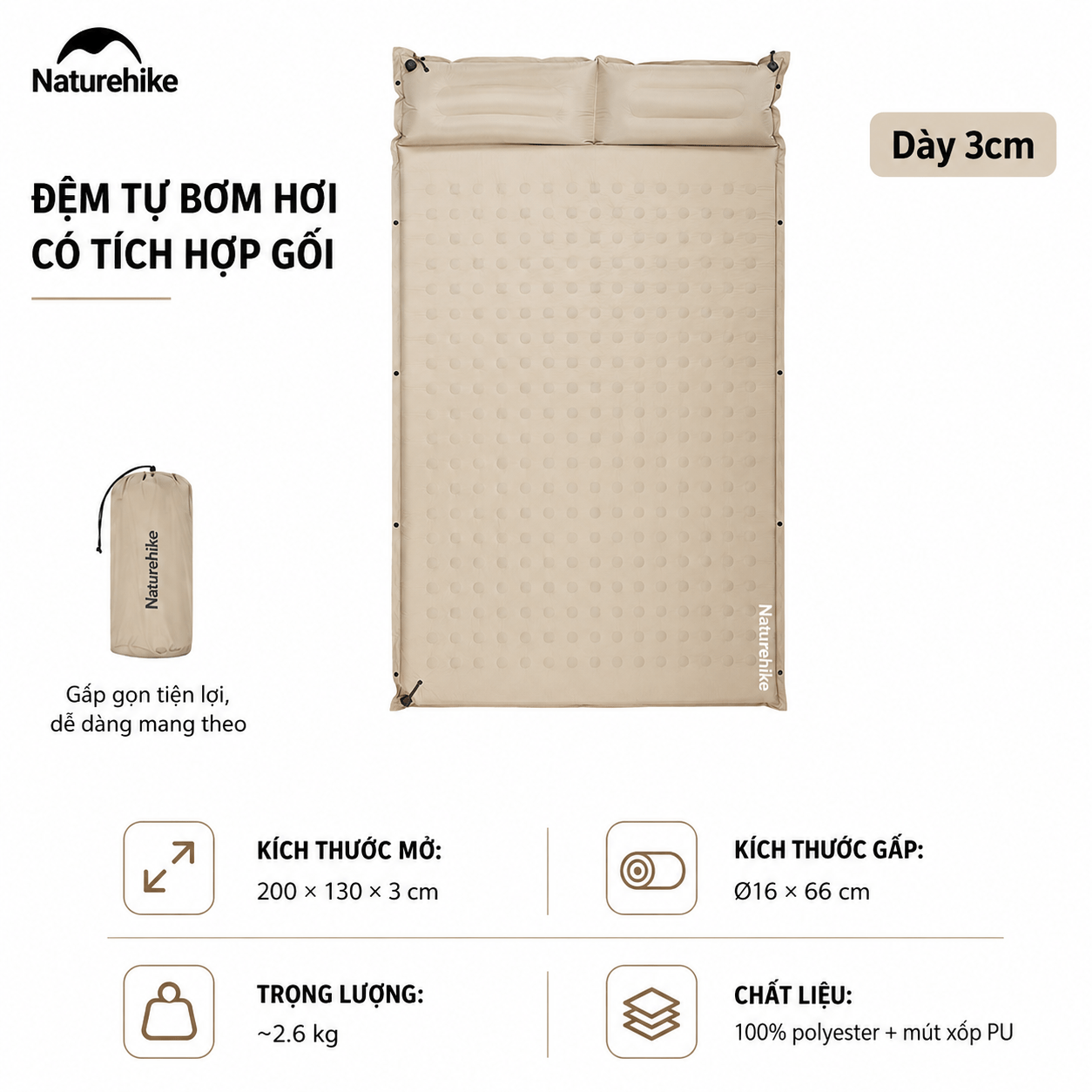 Đệm Hơi Tự Bơm Naturehike CNK2550WS025 Dày 3-6cm – Đệm Camping Gấp Gọn 1-2 Người, Nối Đệm, Van 2in1