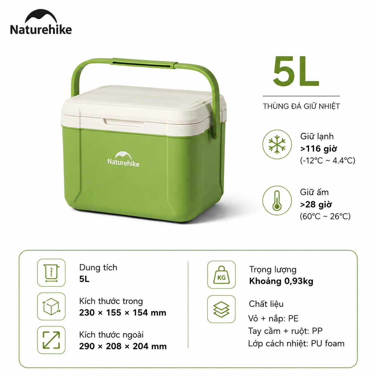 Thùng Đá Mini Naturehike Glamping Ice Cooler CNK2450CF012 18L – Giữ Lạnh 48H, Nhựa PP/PE Cao Cấp