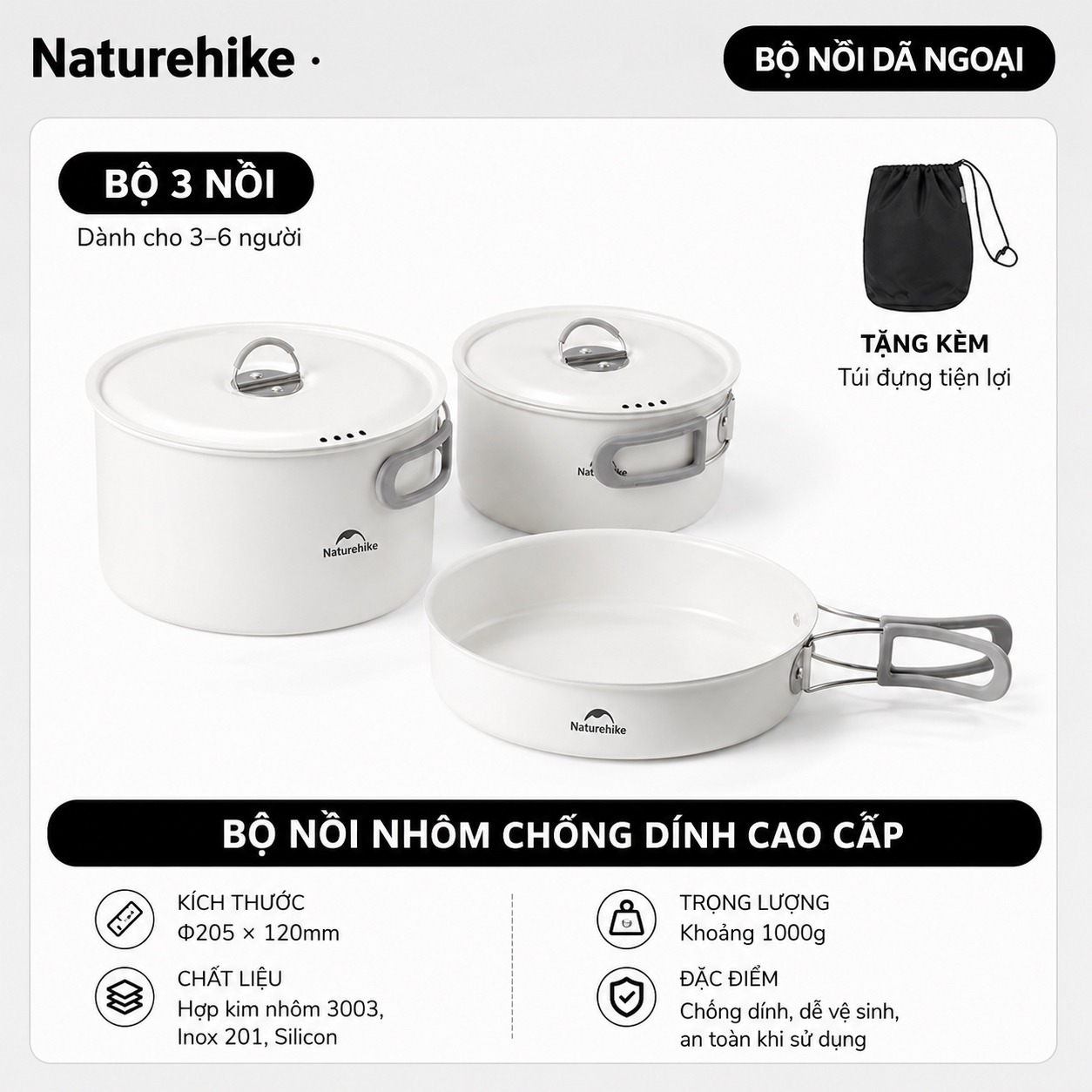 Bộ Nồi Dã Ngoại Naturehike CNK2450CF013 – Nồi Camping Tráng Men 5 Lớp, Chống Dính
