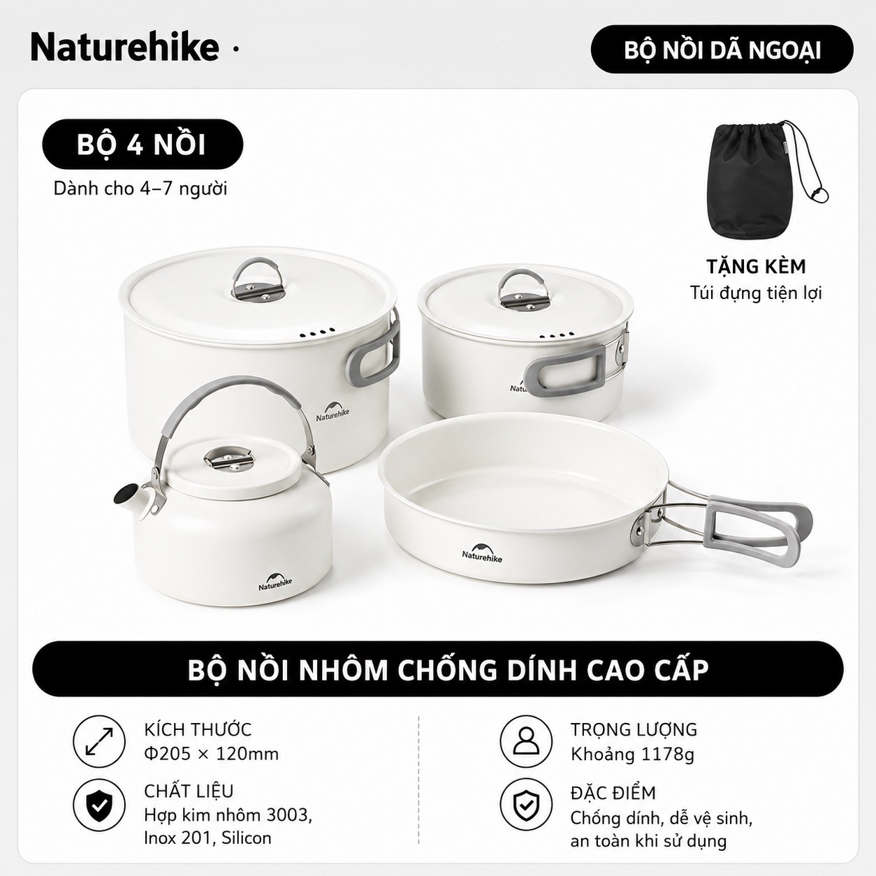 Bộ Nồi Dã Ngoại Naturehike CNK2450CF013 – Nồi Camping Tráng Men 5 Lớp, Chống Dính