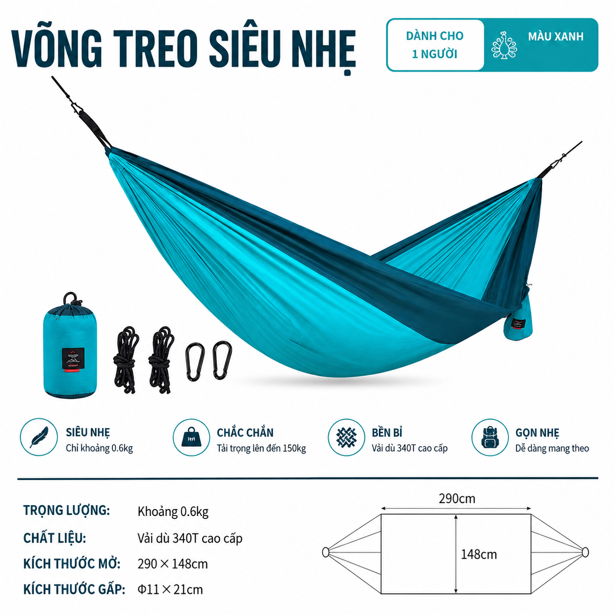 Võng Dã Ngoại Naturehike NH21DC011 Siêu Nhẹ Võng Camping Gấp Gọn, Chịu Tải 200kg, Đi Phượt/Trekking