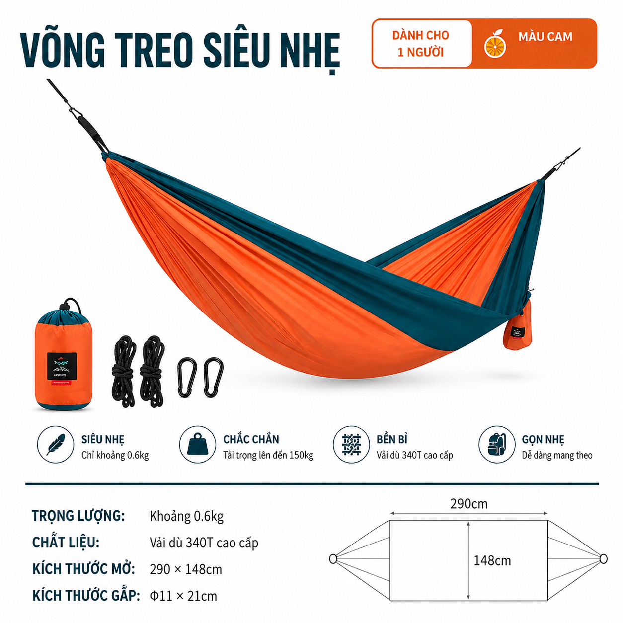 Võng Dã Ngoại Naturehike NH21DC011 Siêu Nhẹ Võng Camping Gấp Gọn, Chịu Tải 200kg, Đi Phượt/Trekking