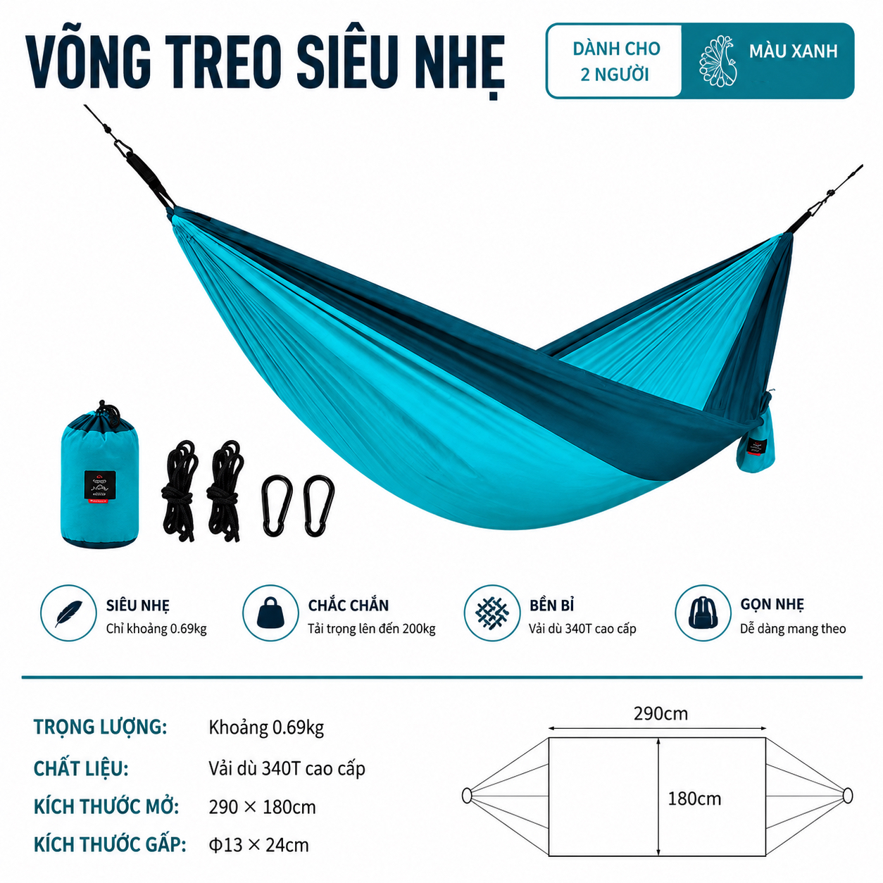 Võng Dã Ngoại Naturehike NH21DC011 Siêu Nhẹ Võng Camping Gấp Gọn, Chịu Tải 200kg, Đi Phượt/Trekking