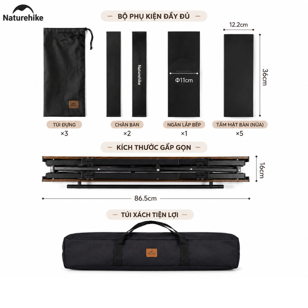 Bàn Gấp Naturehike IGT CNK2300JJ016 – Bàn Camping Đa Năng, Nhôm + Gỗ, Gấp Gọn, Dùng Bếp Dã Ngoại