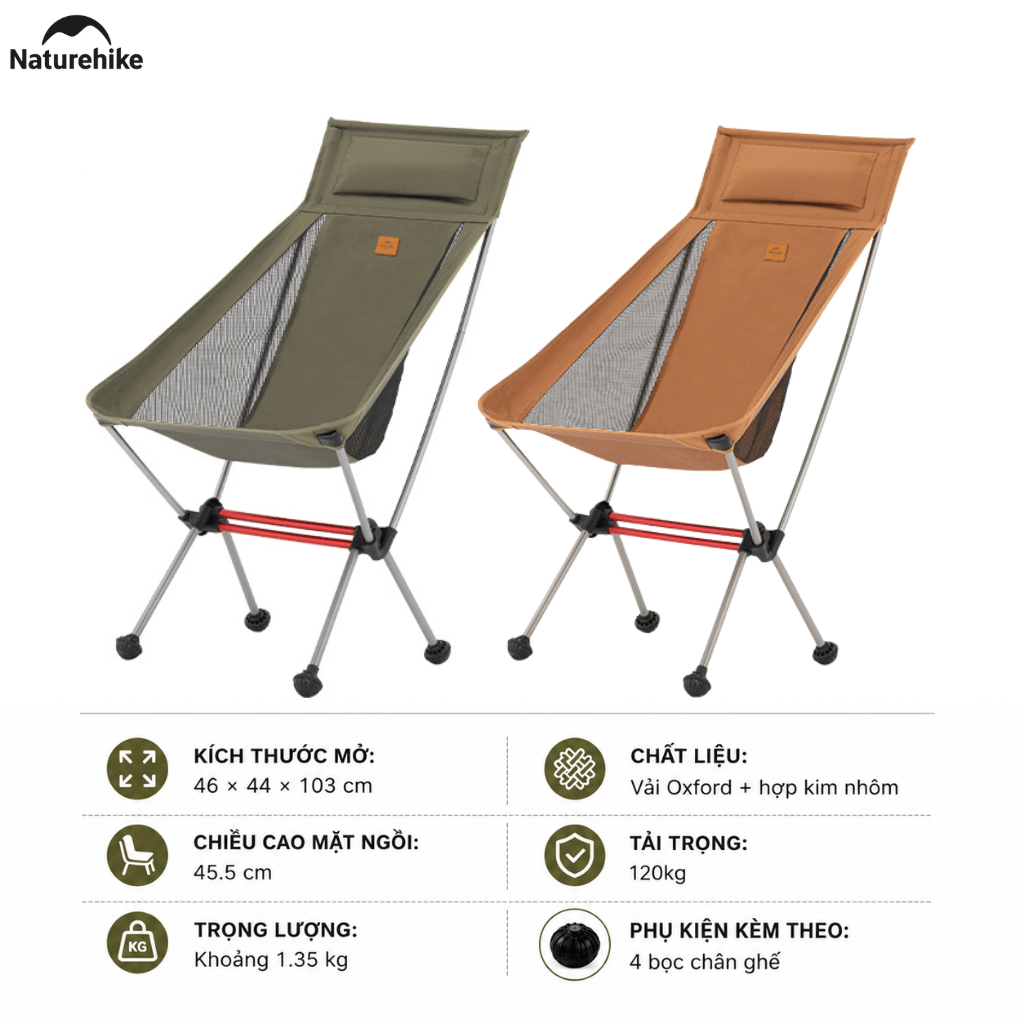 Ghế Cắm Trại Gấp Gọn Naturehike CNK2350JJ018 Moon Chair Siêu Nhẹ 1.35kg, Tải 120kg, Khung Nhôm 7075