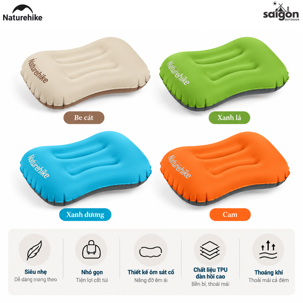 Gối Hơi Du Lịch Naturehike – Gối Thổi Hơi Siêu Nhẹ, Kê Cổ/Tựa Lưng, Gấp Gọn 85g NH17T013-Z