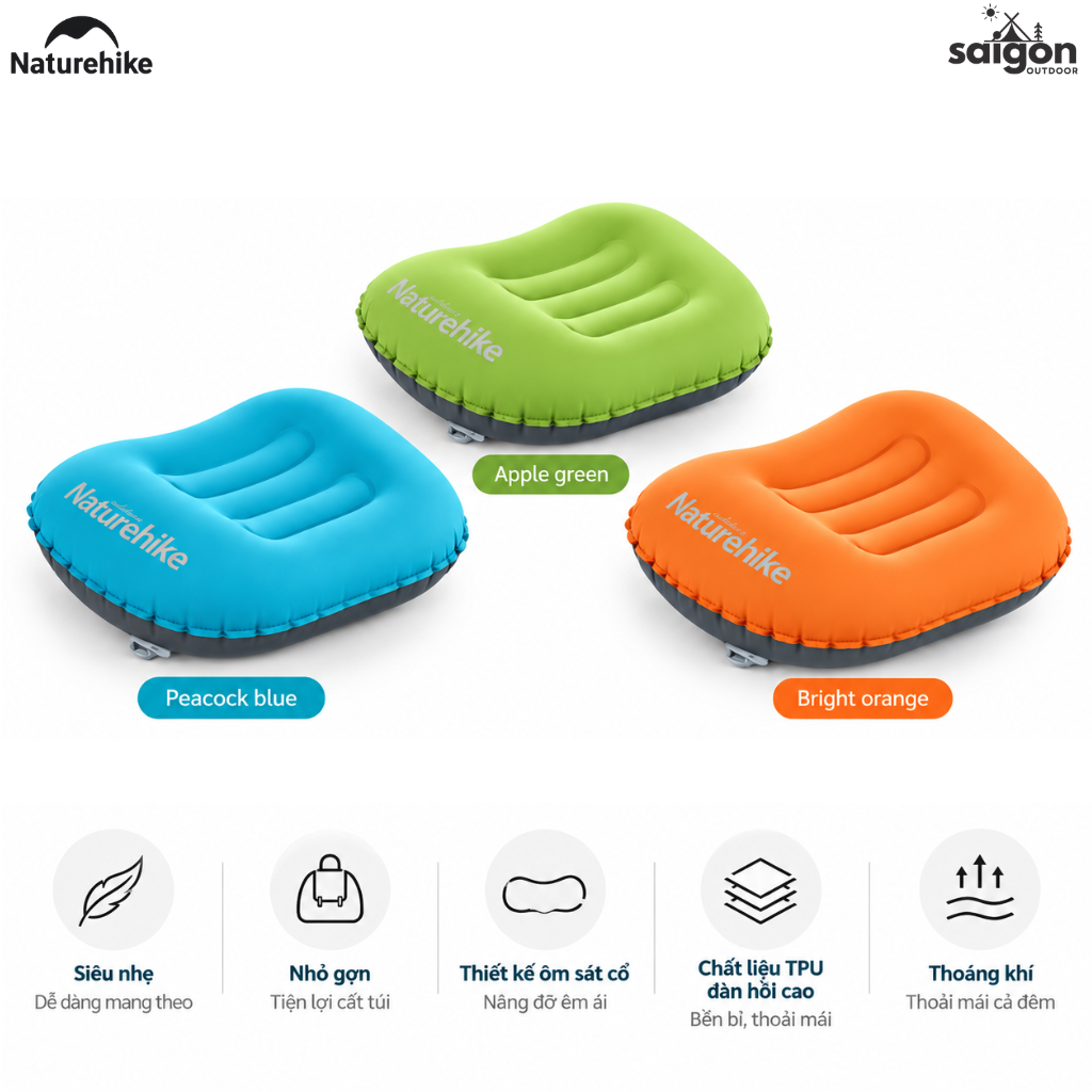 Gối Hơi Du Lịch Naturehike NH17T013-Z – Gối Thổi Hơi Siêu Nhẹ, Kê Cổ/Tựa Lưng, Gấp Gọn 85g