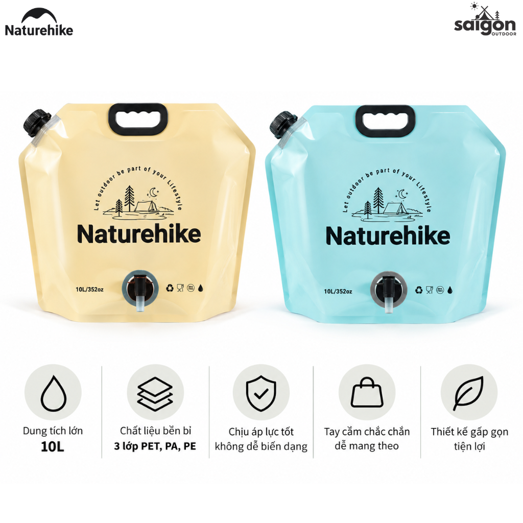 Túi Đựng Nước Gấp Gọn Naturehike 10L Có Vòi Siêu Nhẹ, Chống Rò Rỉ, Dùng Cắm Trại/Trekking