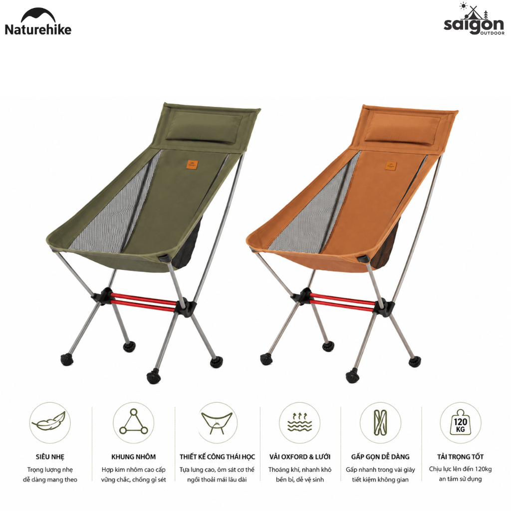 Ghế Cắm Trại Gấp Gọn Naturehike CNK2350JJ018 Moon Chair Siêu Nhẹ 1.35kg, Tải 120kg, Khung Nhôm 7075