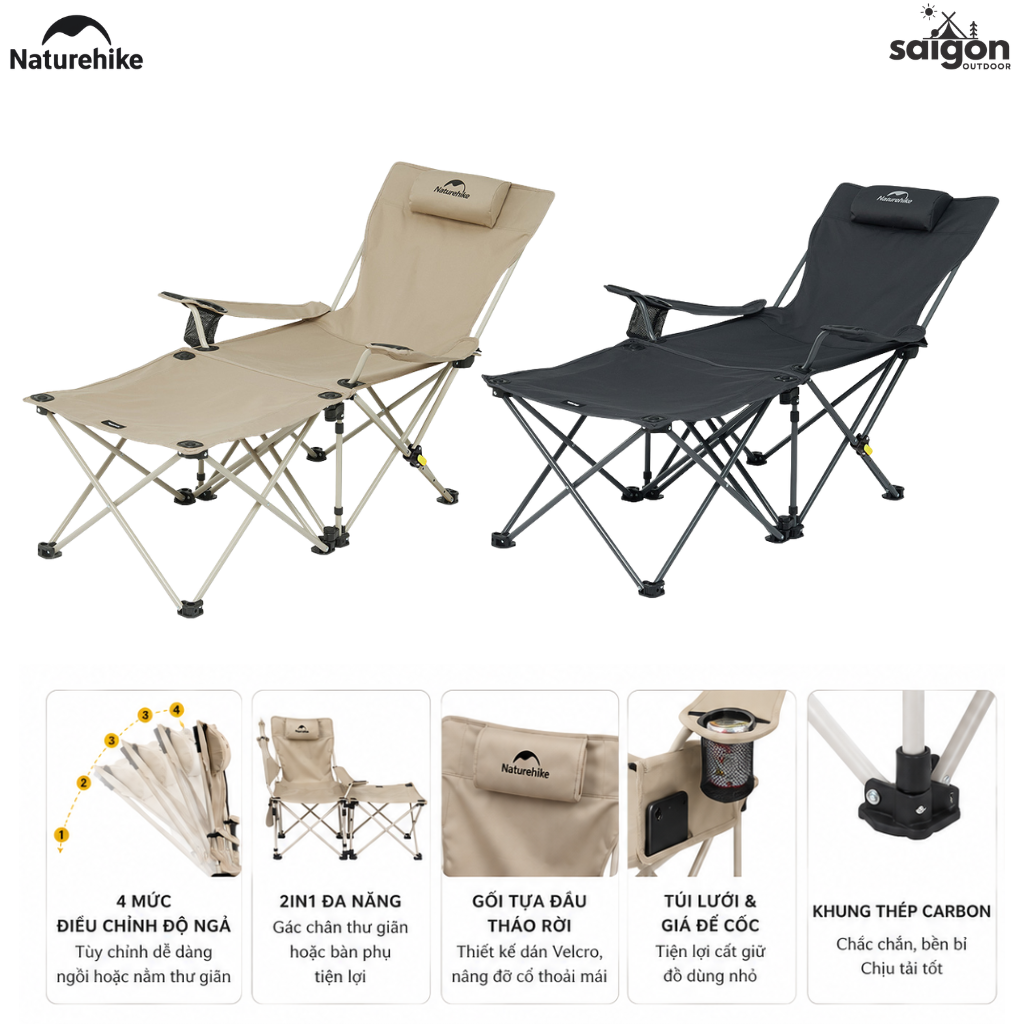 Ghế Xếp Dã Ngoại 2in1 Naturehike CNK2350JJ011 – Ghế Camping Đa Năng, Có Gác Chân, Gấp Gọn Tiện Lợi