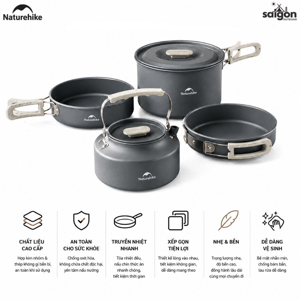 Bộ Nồi Dã Ngoại Naturehike CNK2450CF010 Nhôm 3 Lớp – Bộ Nấu Ăn Camping Gọn Nhẹ, Leo Núi, Cắm Trại