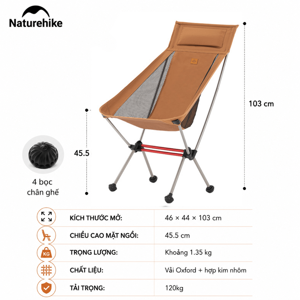 Ghế Cắm Trại Gấp Gọn Naturehike CNK2350JJ018 Moon Chair Siêu Nhẹ 1.35kg, Tải 120kg, Khung Nhôm 7075